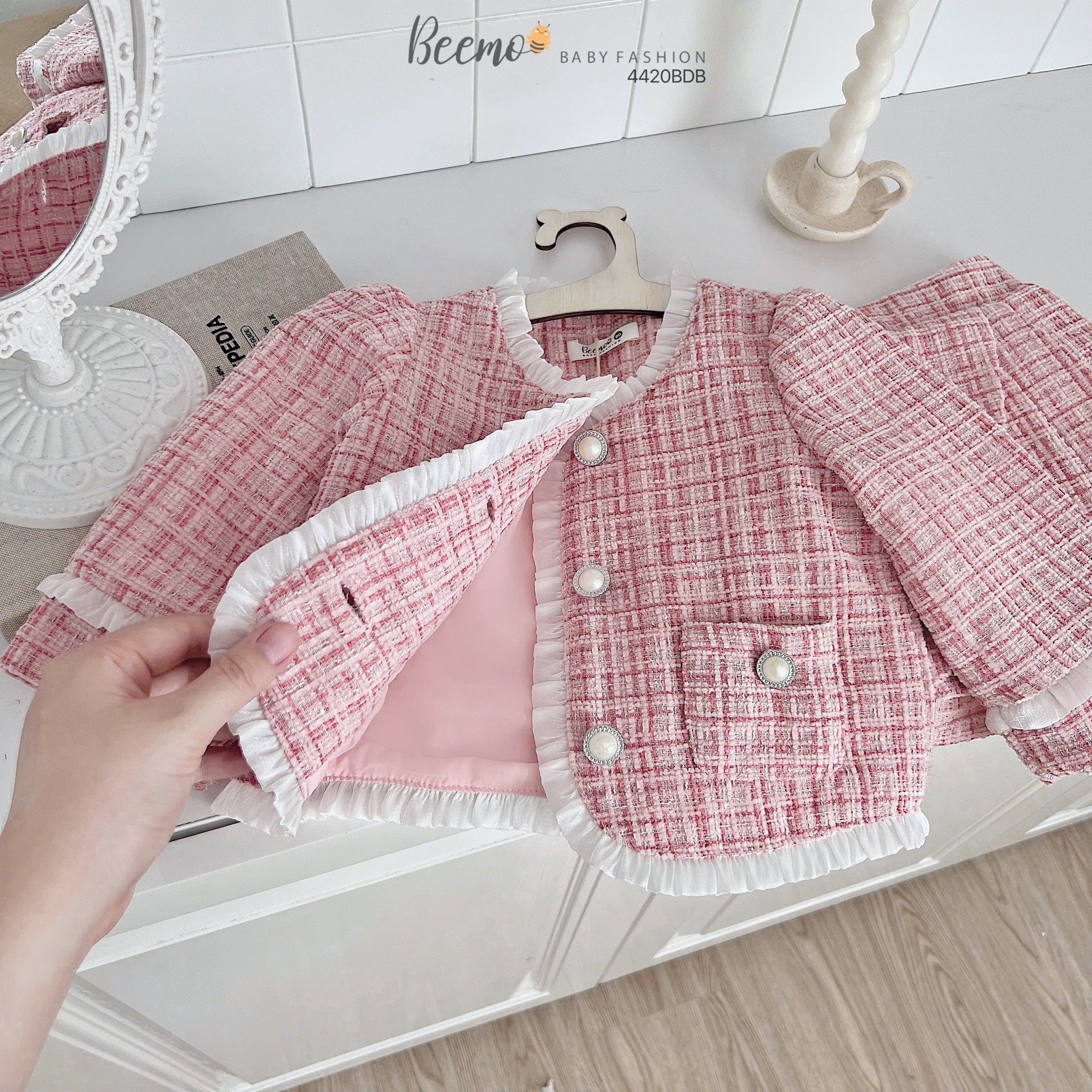 Set dạ Tweed Beemo viền bèo 2 màu bé gái size 80-130