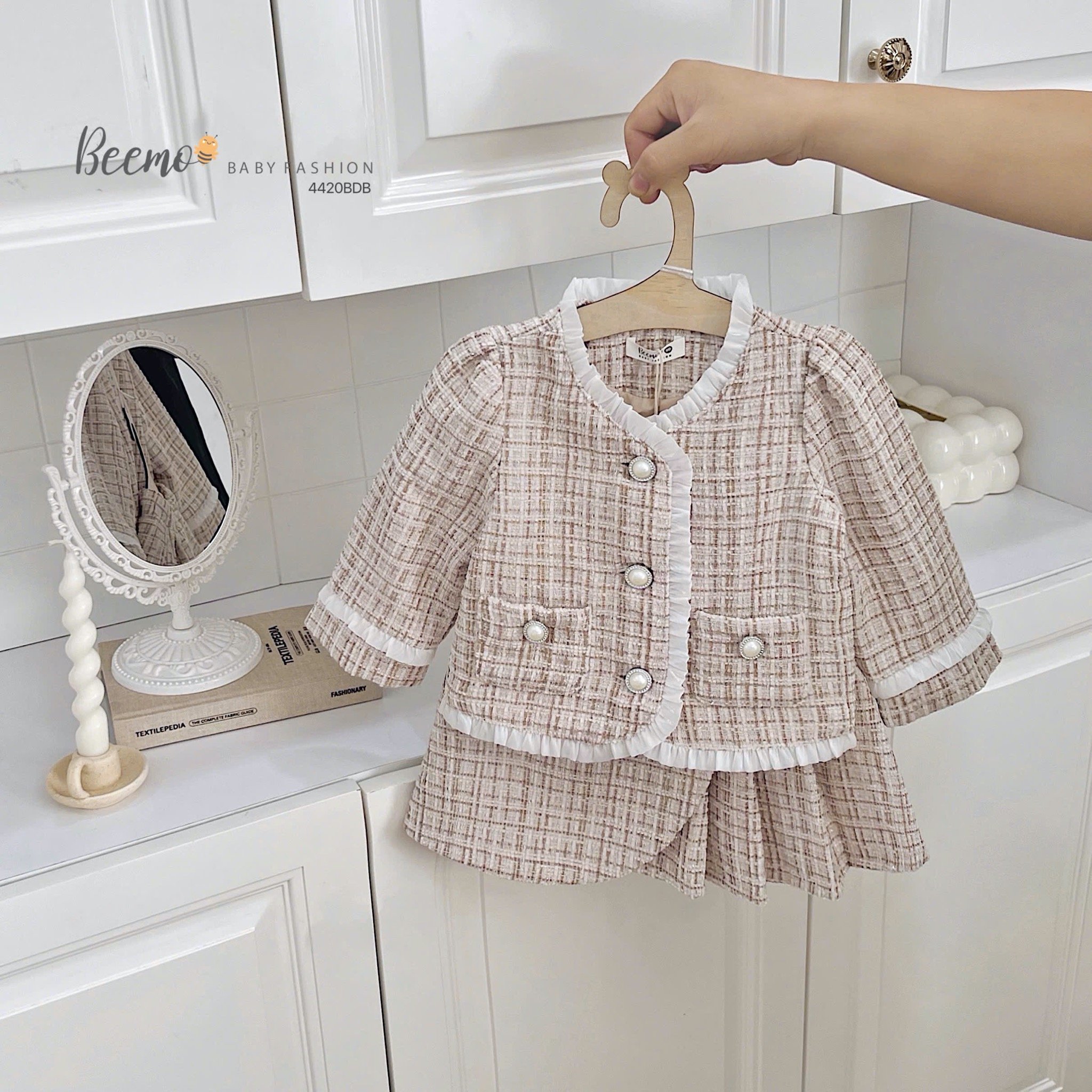Set dạ Tweed Beemo viền bèo 2 màu bé gái size 80-130