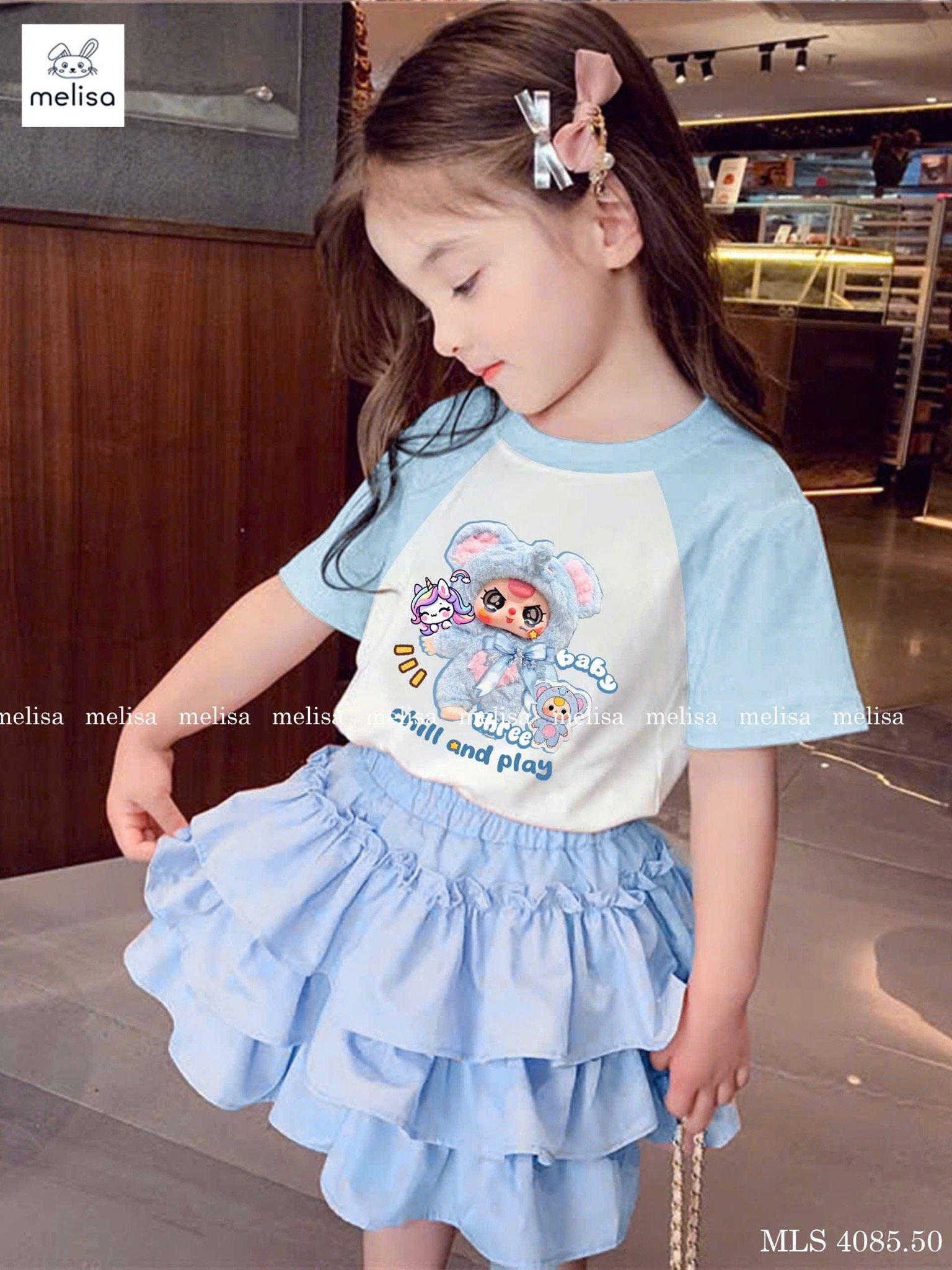 MLS 4085 - Bộ Melisa áo thun Baby Three + Pony màu trắng xanh bé gái size 2-12y