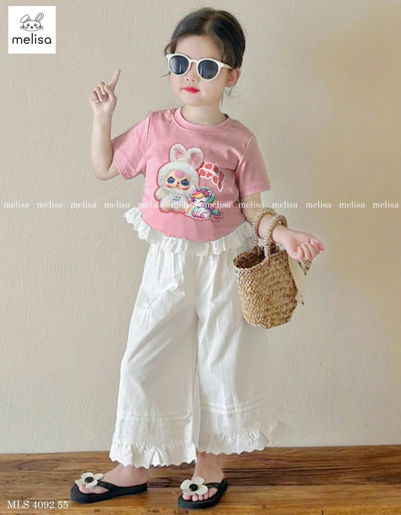MLS 4092 - Bộ Melisa baby three áo hồng thỏ pony phối ren + quần dài kem bé gái size 2-12y