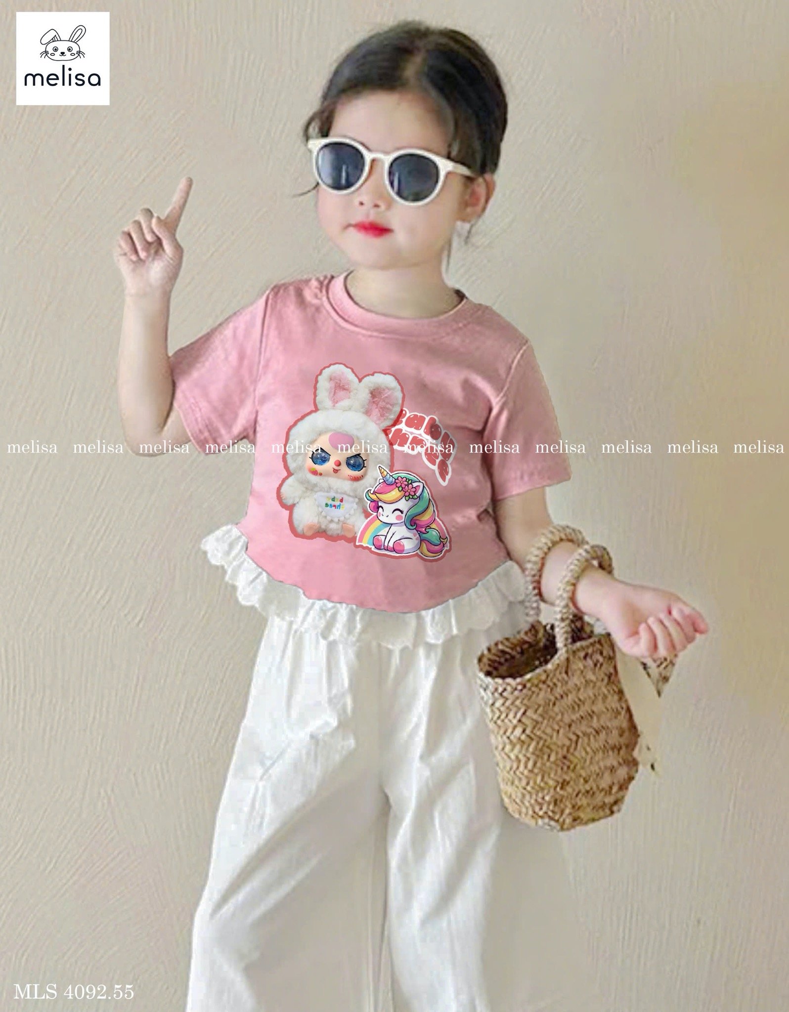 MLS 4092 - Bộ Melisa baby three áo hồng thỏ pony phối ren + quần dài kem bé gái size 2-12y