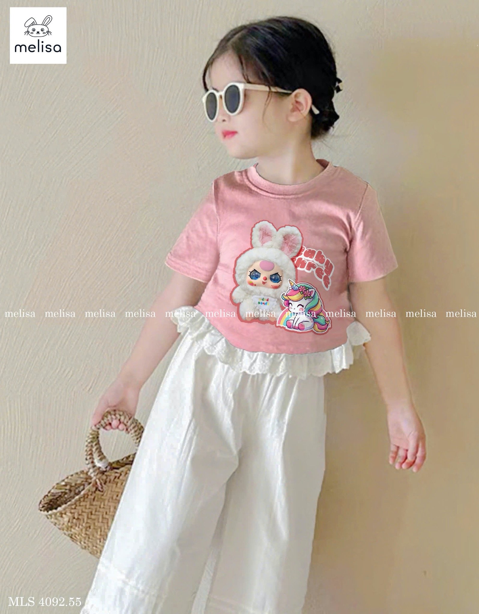 MLS 4092 - Bộ Melisa baby three áo hồng thỏ pony phối ren + quần dài kem bé gái size 2-12y