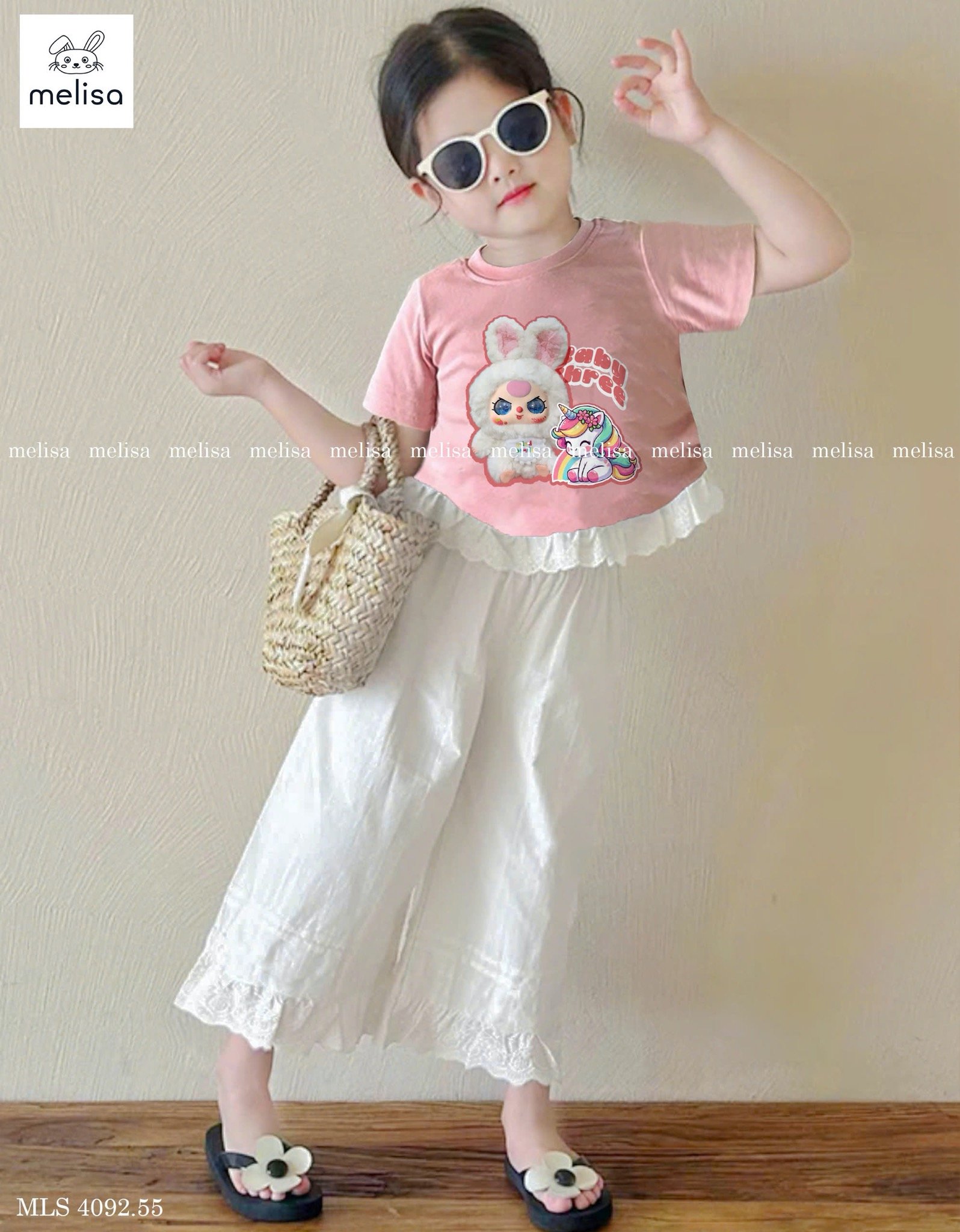 MLS 4092 - Bộ Melisa baby three áo hồng thỏ pony phối ren + quần dài kem bé gái size 2-12y