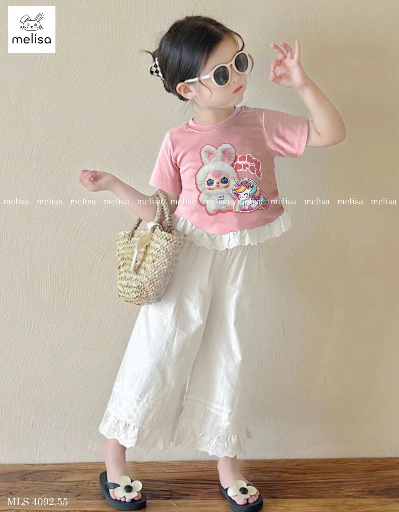MLS 4092 - Bộ Melisa baby three áo hồng thỏ pony phối ren + quần dài kem bé gái size 2-12y