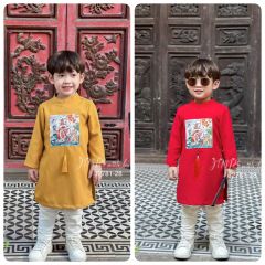 J2781 - Áo dài June vải nhung chéo hoạ tiết múa lân 2 màu bé trai size 1-10y (không kèm quần)