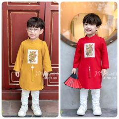 J2782 - Áo dài nhung chéo June 2 màu thêu hoạ tiết cá chép bé trai size 1-10y (không kèm quần)