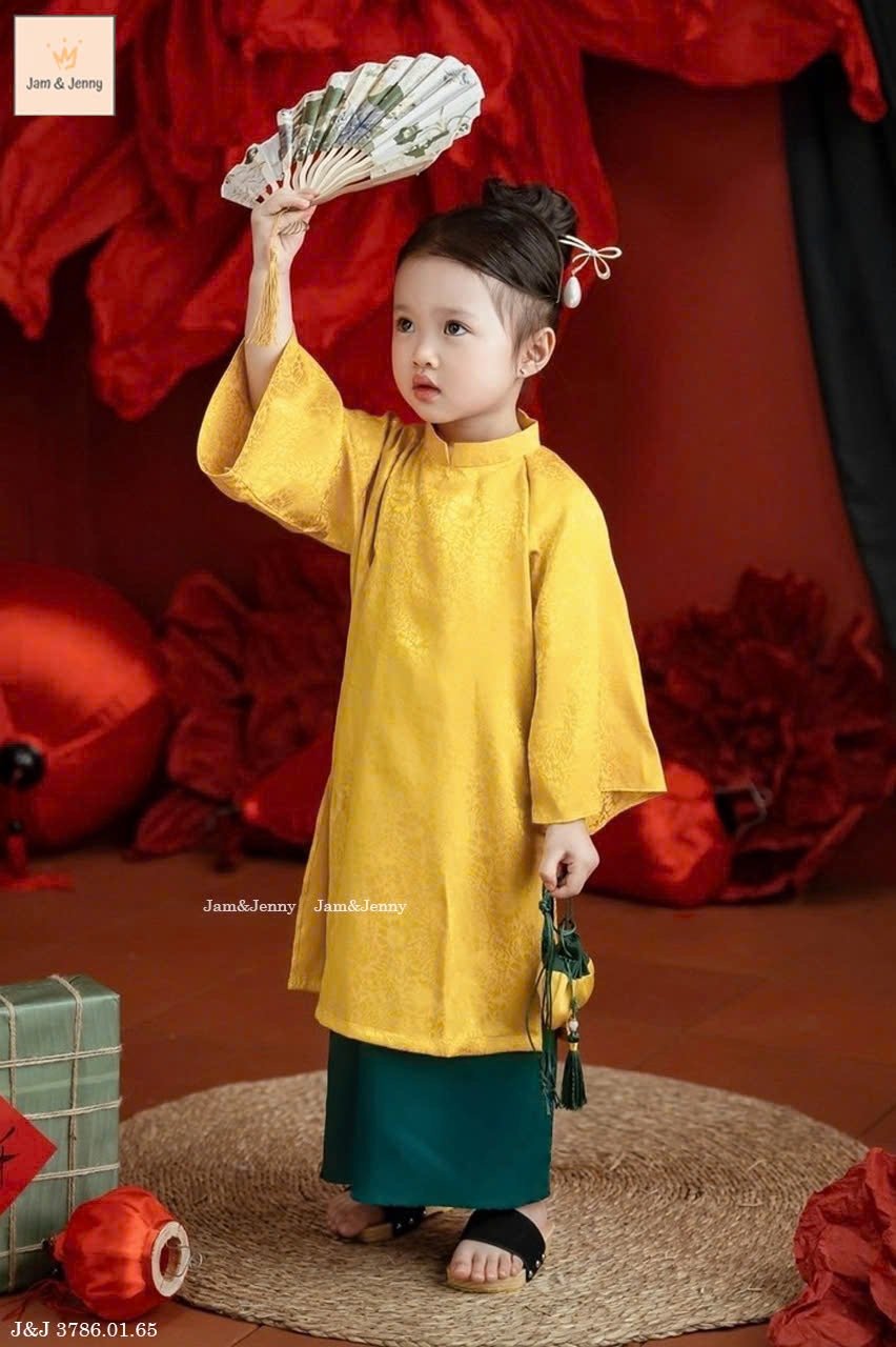 JJ 3786 - Áo dài lụa Jam & Jenny mai đào 2 màu vàng, hồng cho bé gái size 2-12y