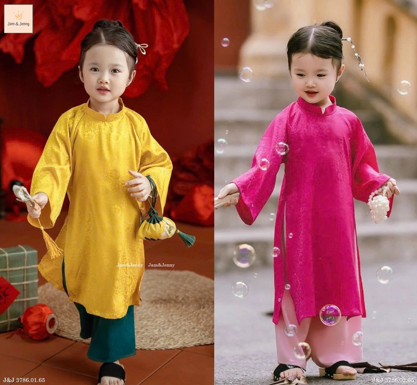JJ 3786 - Áo dài lụa Jam & Jenny mai đào 2 màu vàng, hồng cho bé gái size 2-12y