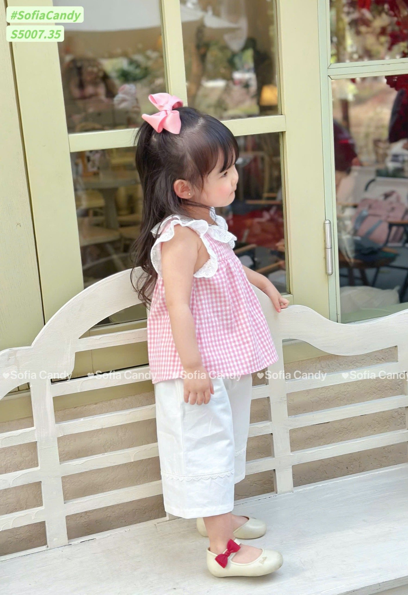 S5007 - Set bộ Sofia Candy áo kẻ caro cổ ren + quần dài 2 màu kẻ hồng/nâu bé gái size 1-10y