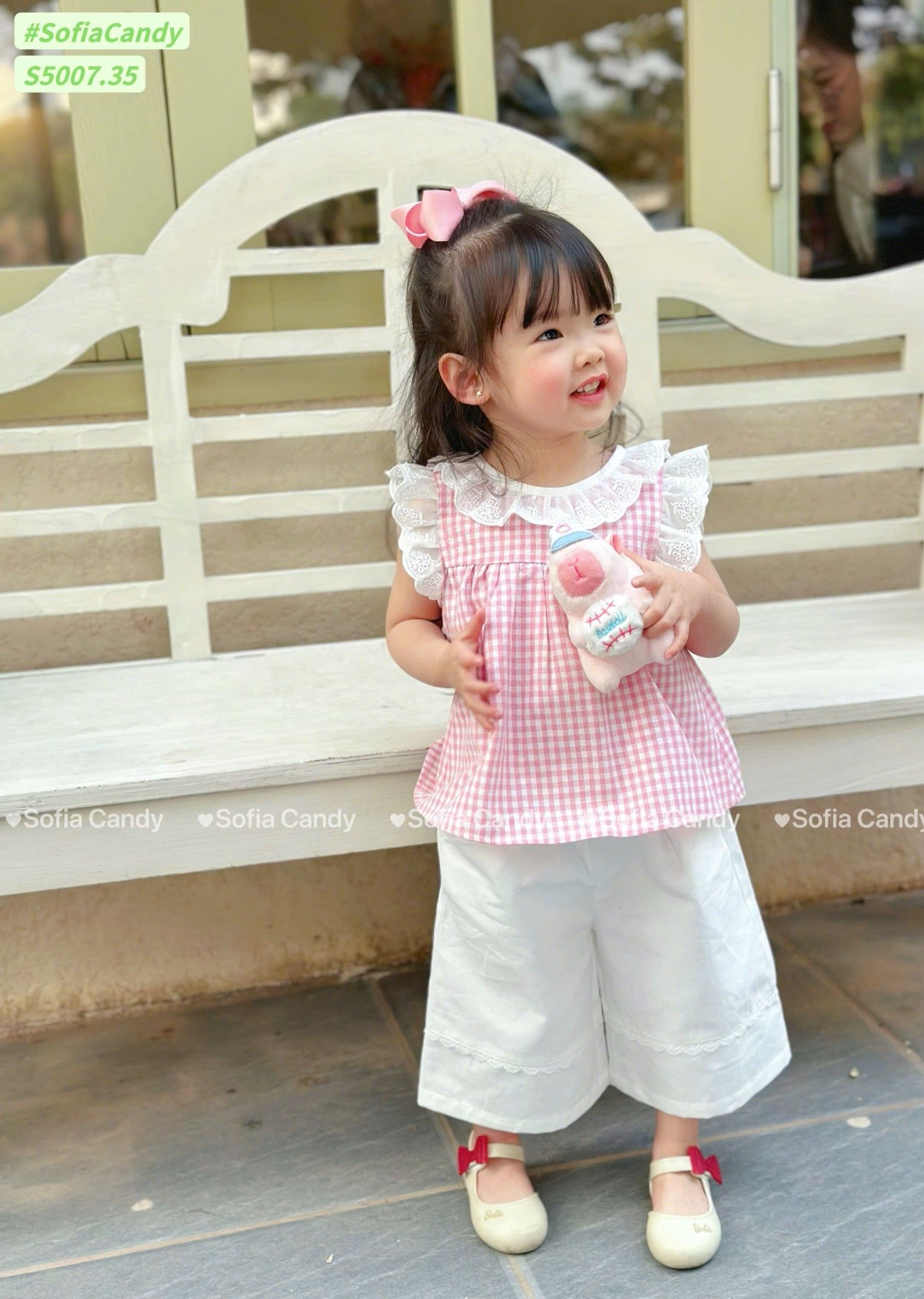 S5007 - Set bộ Sofia Candy áo kẻ caro cổ ren + quần dài 2 màu kẻ hồng/nâu bé gái size 1-10y
