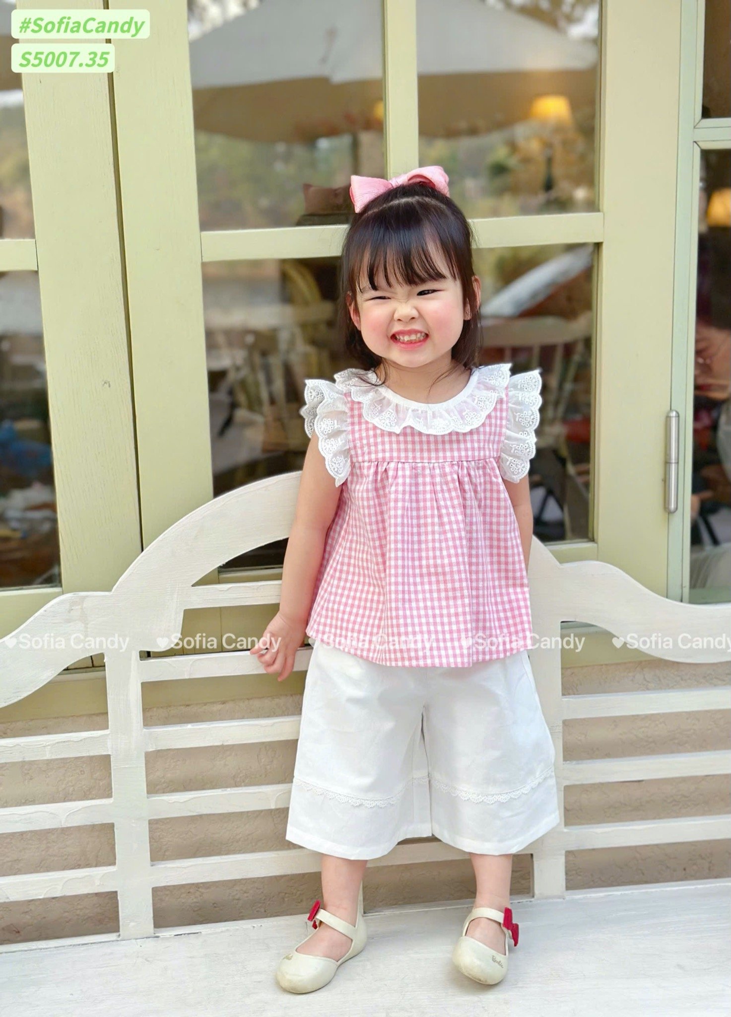 S5007 - Set bộ Sofia Candy áo kẻ caro cổ ren + quần dài 2 màu kẻ hồng/nâu bé gái size 1-10y