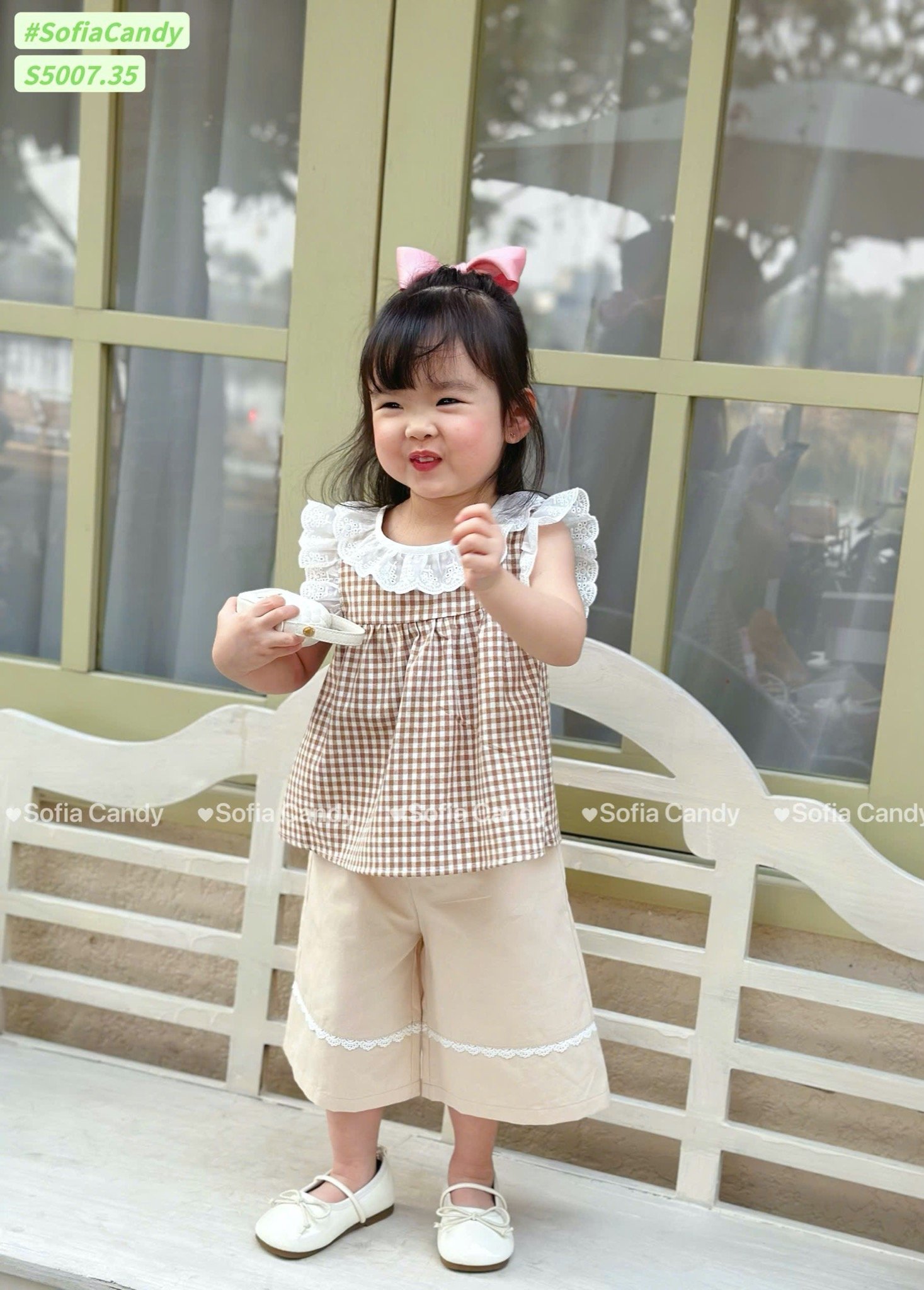 S5007 - Set bộ Sofia Candy áo kẻ caro cổ ren + quần dài 2 màu kẻ hồng/nâu bé gái size 1-10y