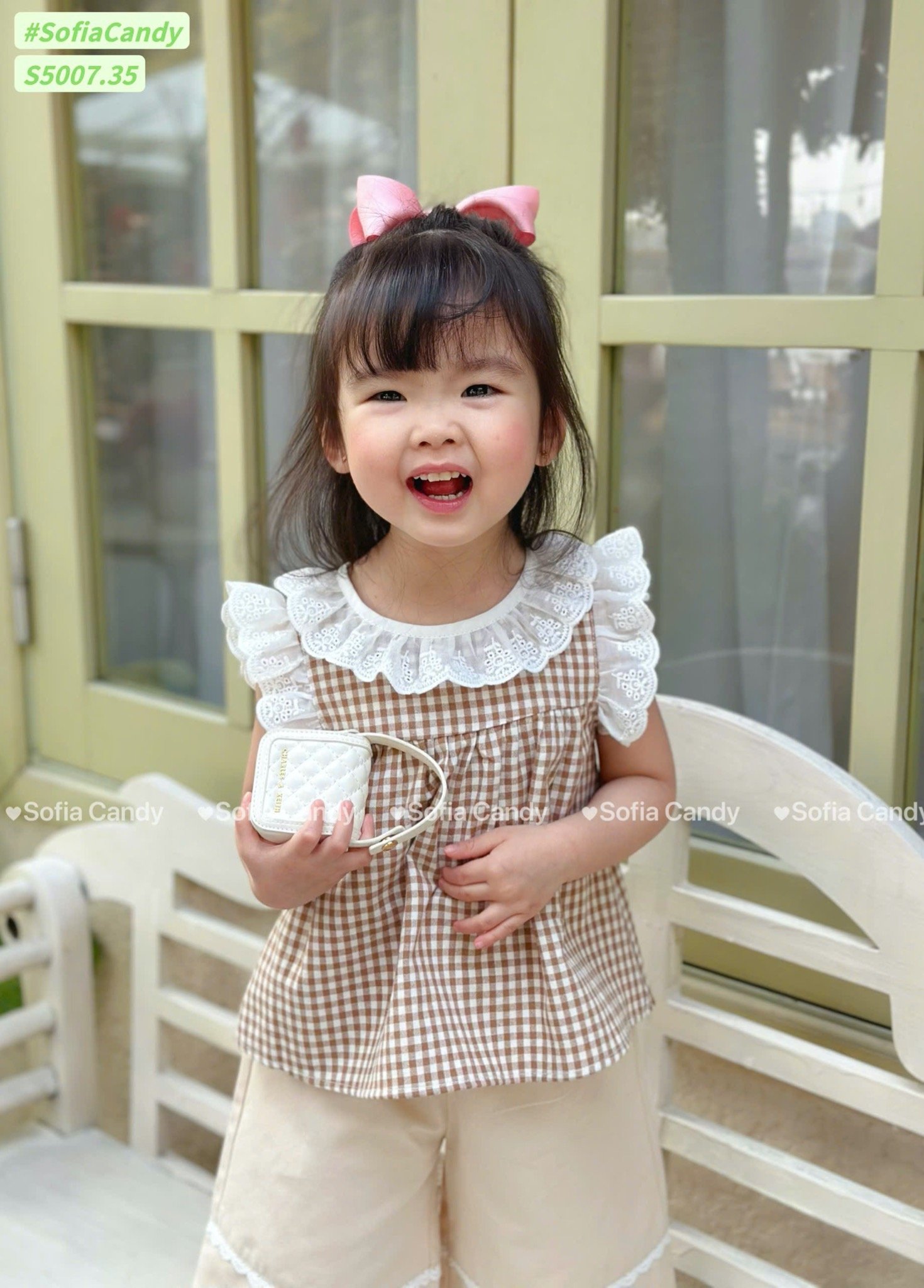S5007 - Set bộ Sofia Candy áo kẻ caro cổ ren + quần dài 2 màu kẻ hồng/nâu bé gái size 1-10y