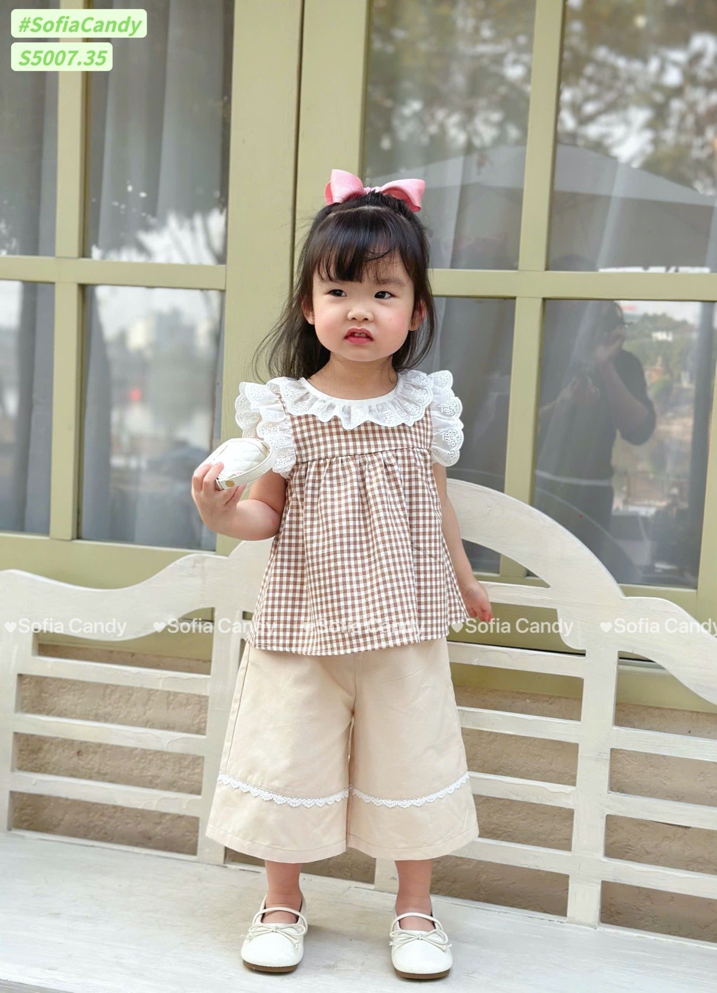 S5007 - Set bộ Sofia Candy áo kẻ caro cổ ren + quần dài 2 màu kẻ hồng/nâu bé gái size 1-10y