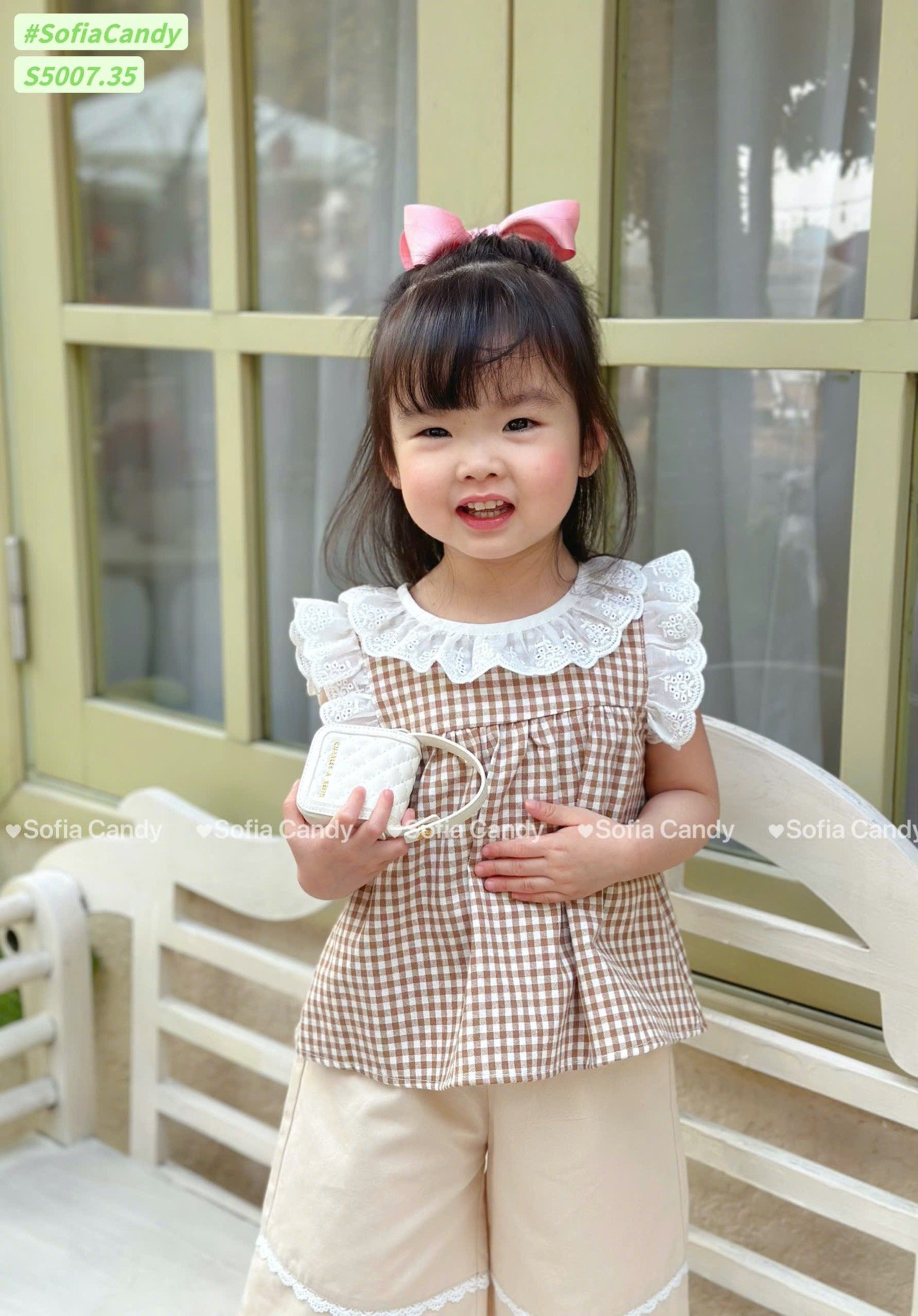 S5007 - Set bộ Sofia Candy áo kẻ caro cổ ren + quần dài 2 màu kẻ hồng/nâu bé gái size 1-10y