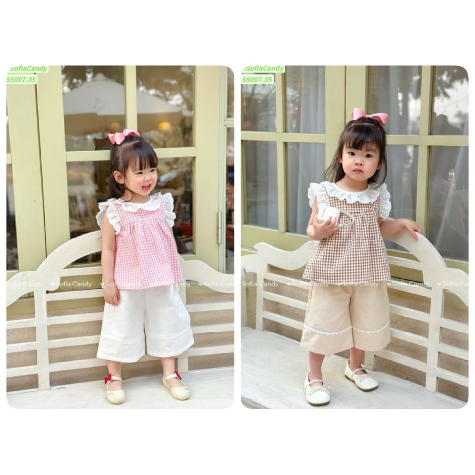 S5007 - Set bộ Sofia Candy áo kẻ caro cổ ren + quần dài 2 màu kẻ hồng/nâu bé gái size 1-10y