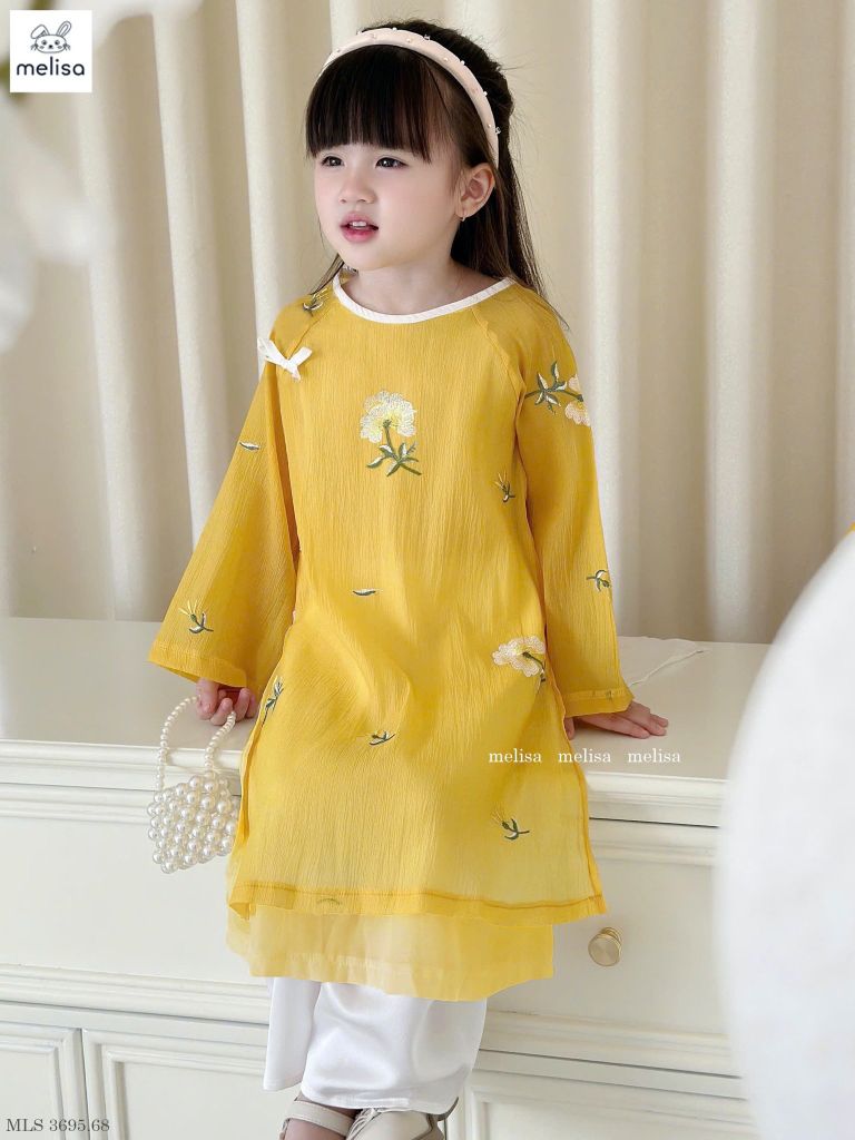 MLS 3695 - Áo dài Melisa màu vàng thêu hoa bé gái size 2-12y