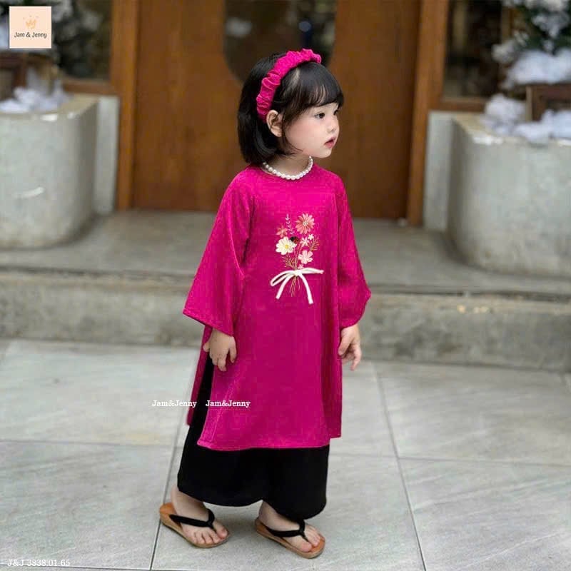 JJ 3838 - Set áo dài Jam & Jenny màu hồng thêu hoa bé gái size 2-12y