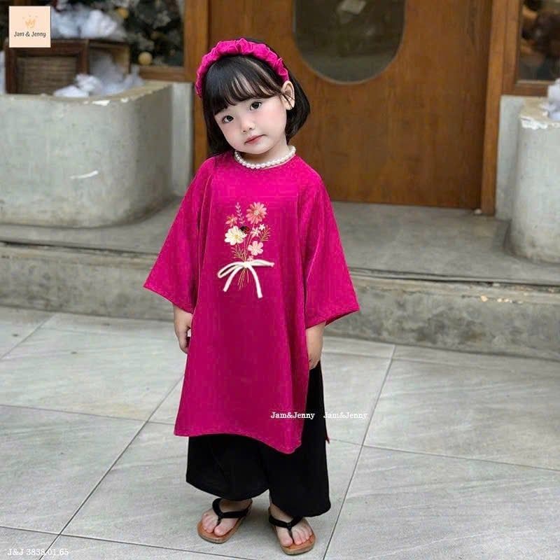 JJ 3838 - Set áo dài Jam & Jenny màu hồng thêu hoa bé gái size 2-12y