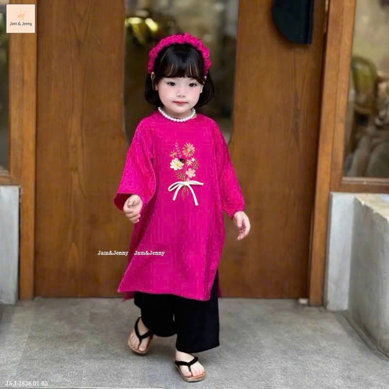JJ 3838 - Set áo dài Jam & Jenny màu hồng thêu hoa bé gái size 2-12y