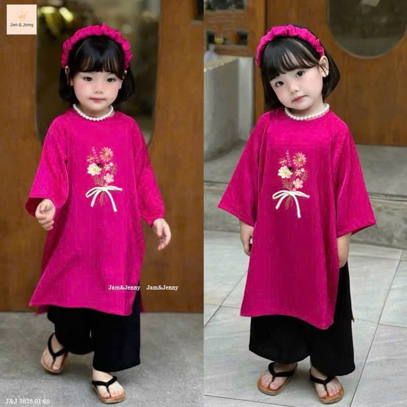 JJ 3838 - Set áo dài Jam & Jenny màu hồng thêu hoa bé gái size 2-12y