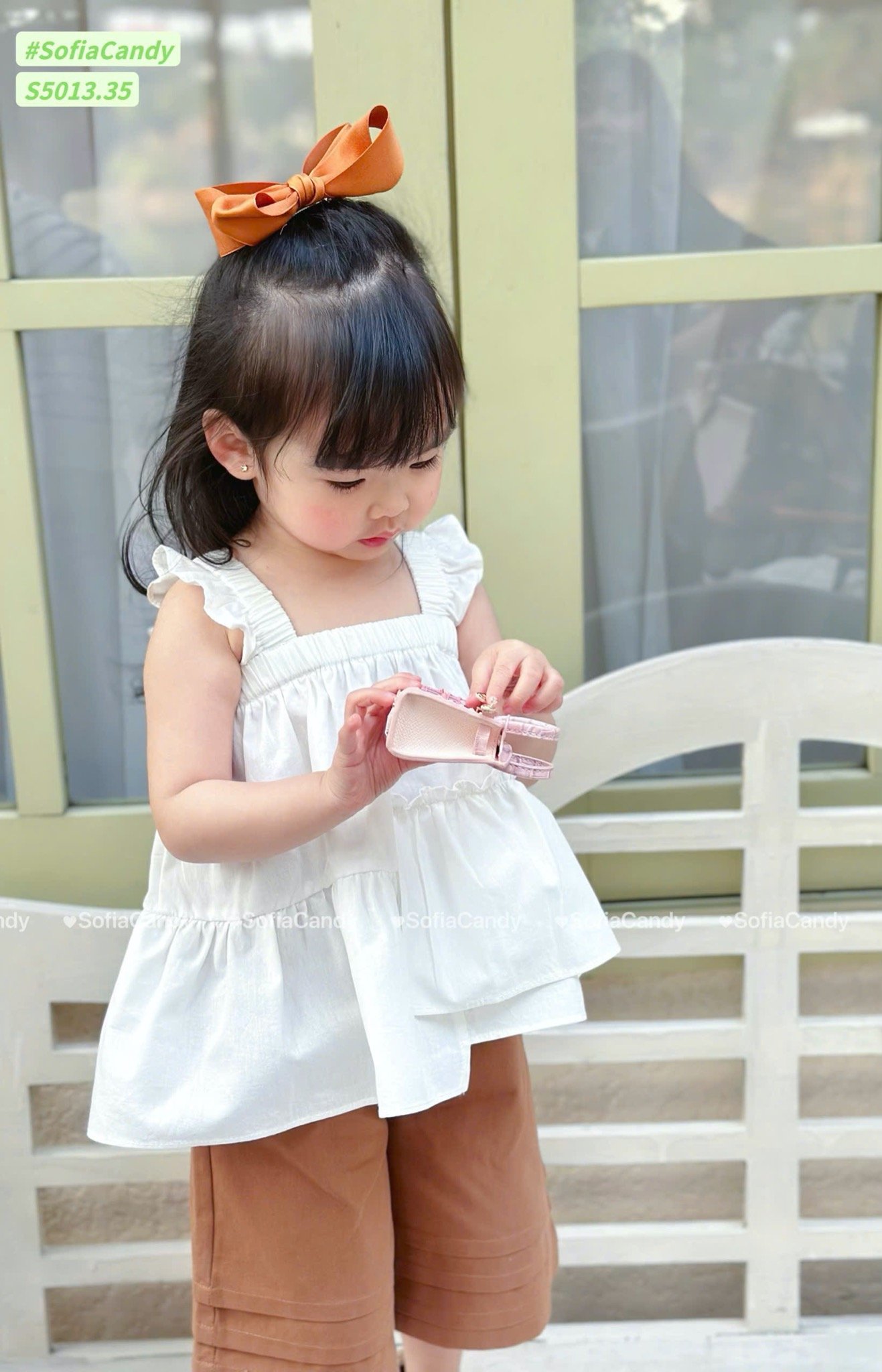 S5013 - Set bộ Sofia Candy áo 2 dây cánh tiên + quần 2 màu nâu/trắng bé gái size 1-10y