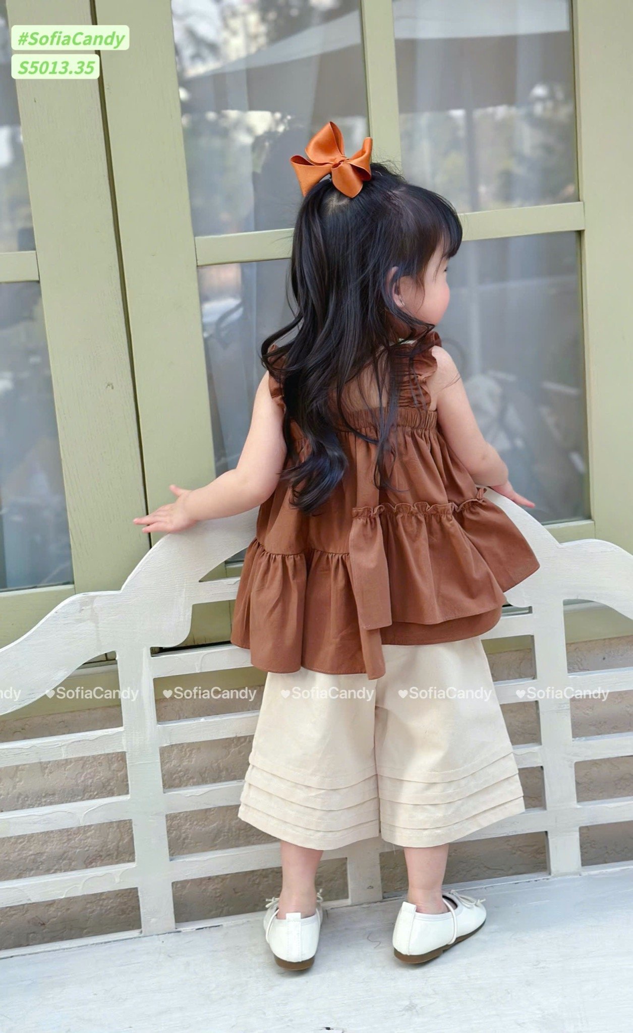 S5013 - Set bộ Sofia Candy áo 2 dây cánh tiên + quần 2 màu nâu/trắng bé gái size 1-10y