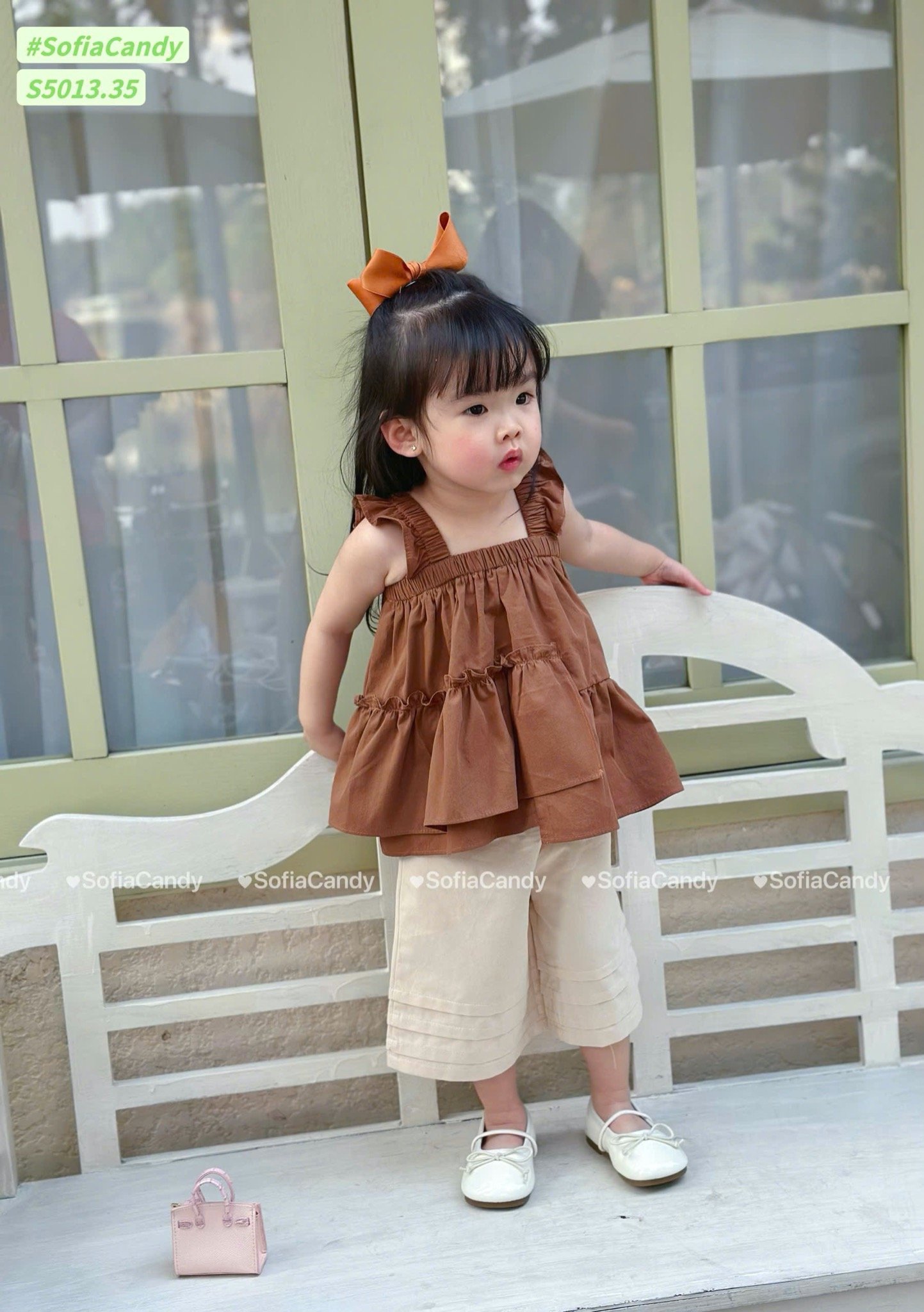 S5013 - Set bộ Sofia Candy áo 2 dây cánh tiên + quần 2 màu nâu/trắng bé gái size 1-10y
