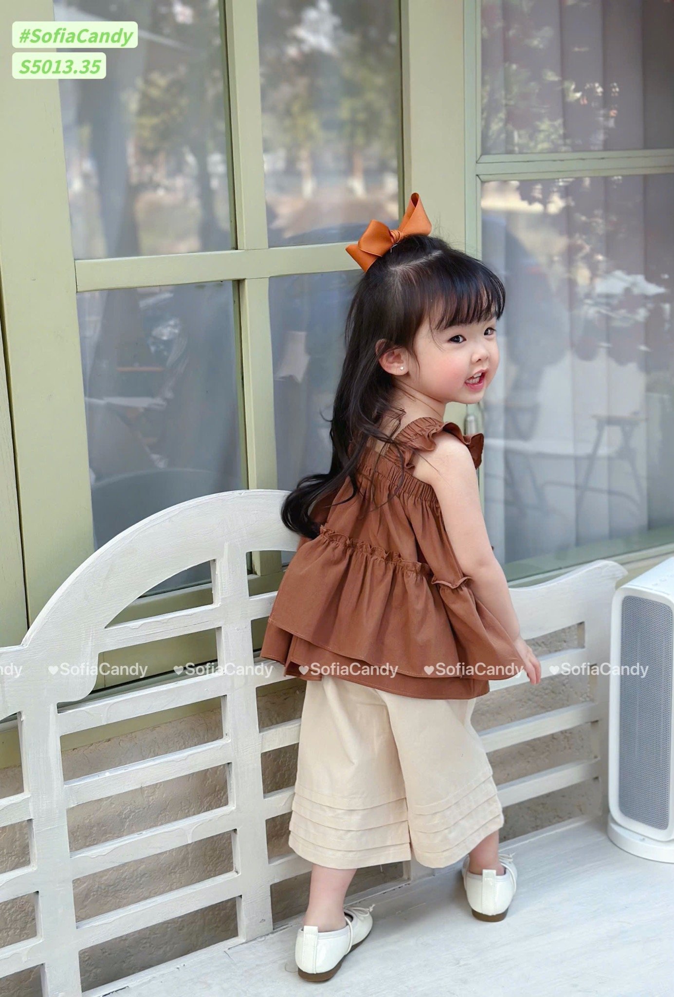 S5013 - Set bộ Sofia Candy áo 2 dây cánh tiên + quần 2 màu nâu/trắng bé gái size 1-10y