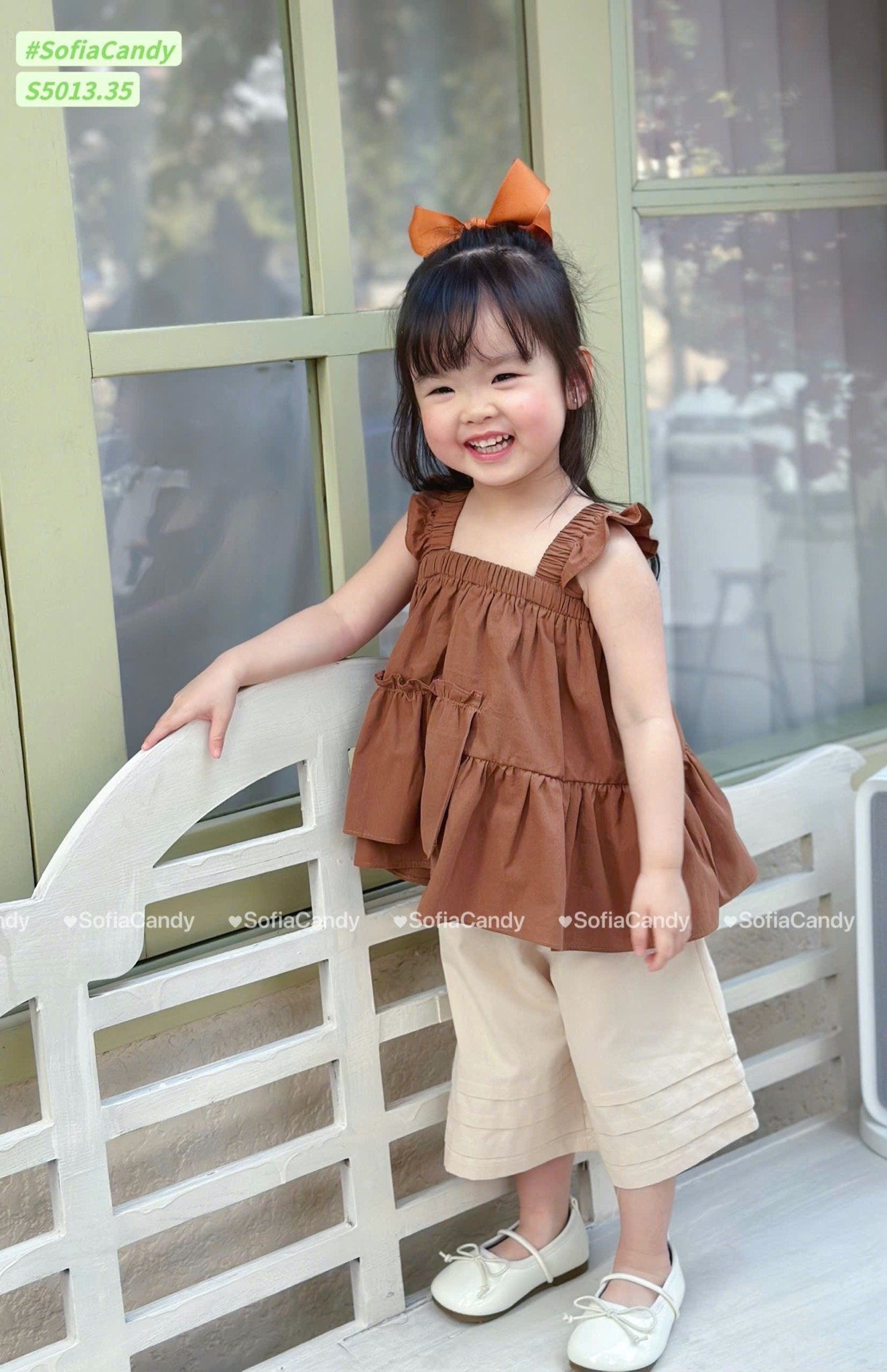 S5013 - Set bộ Sofia Candy áo 2 dây cánh tiên + quần 2 màu nâu/trắng bé gái size 1-10y