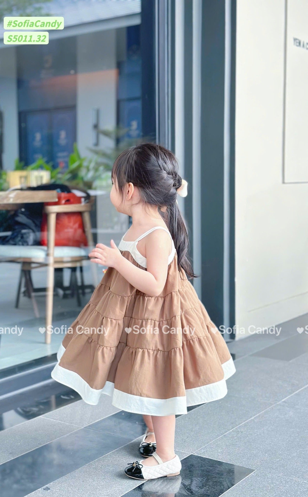 S5011 - Váy Sofia Candy 2 dây tầng xoè phối viền 2 màu nâu/trắng cho bé gái size 1-10y