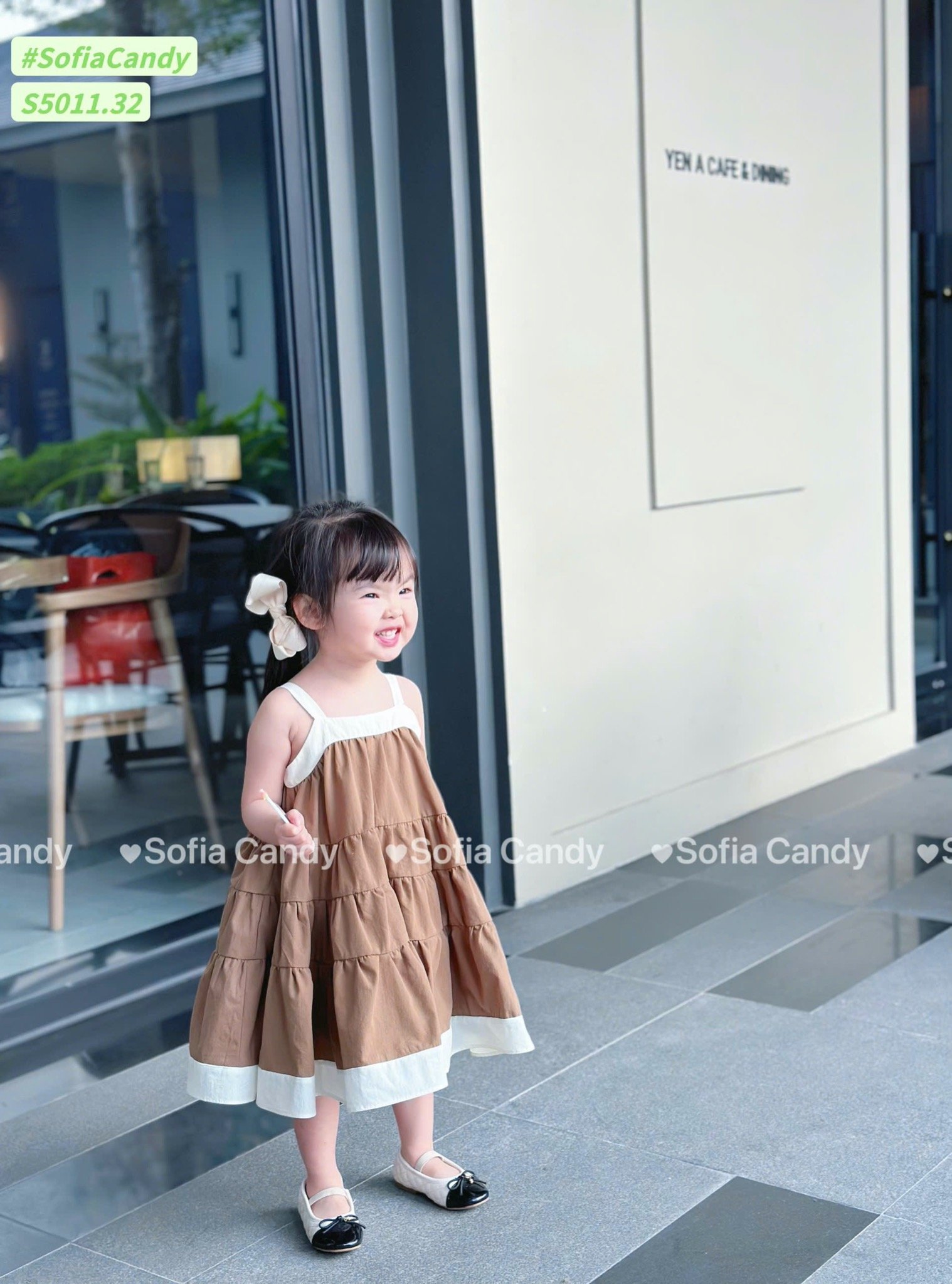S5011 - Váy Sofia Candy 2 dây tầng xoè phối viền 2 màu nâu/trắng cho bé gái size 1-10y