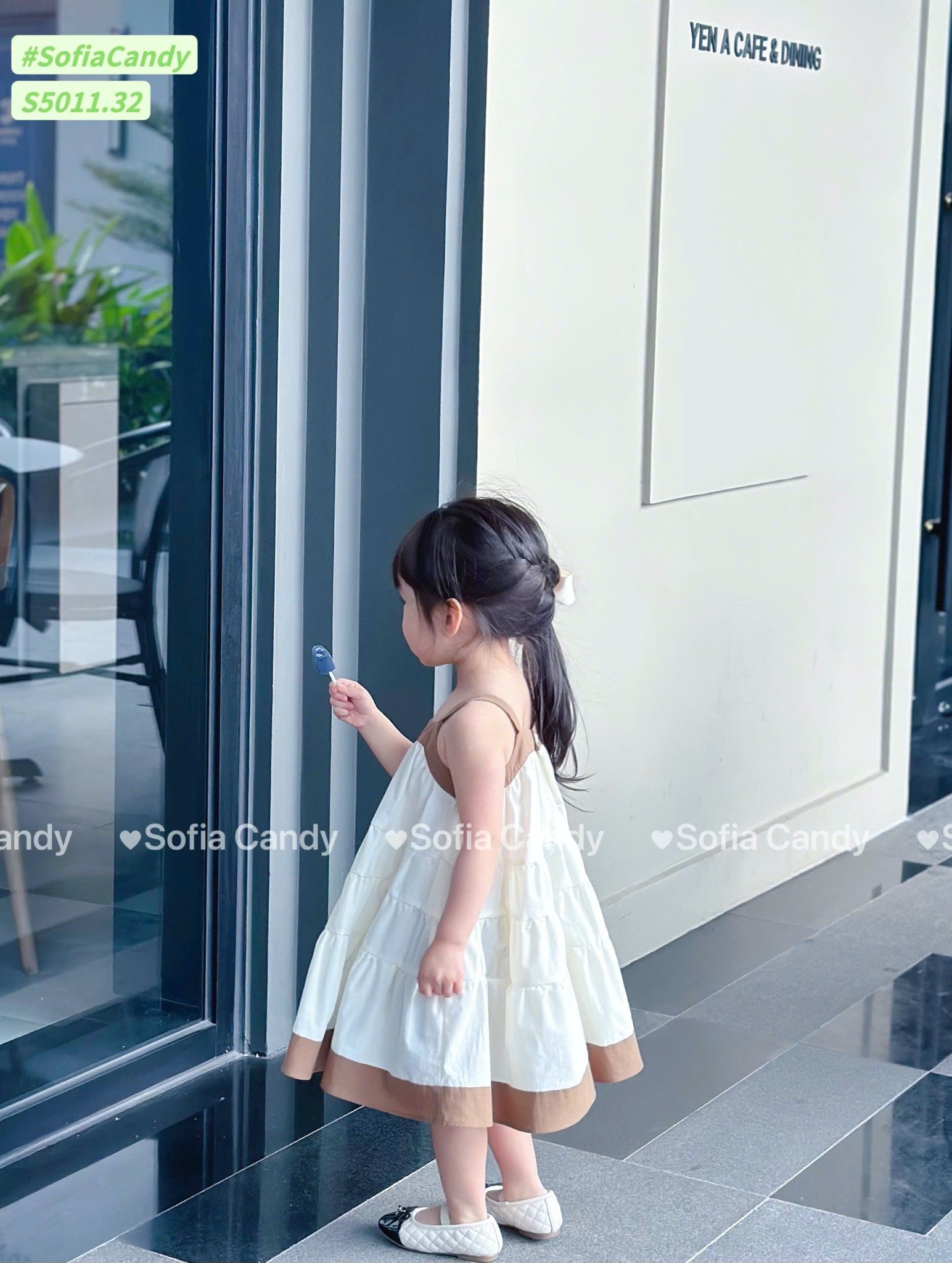 S5011 - Váy Sofia Candy 2 dây tầng xoè phối viền 2 màu nâu/trắng cho bé gái size 1-10y