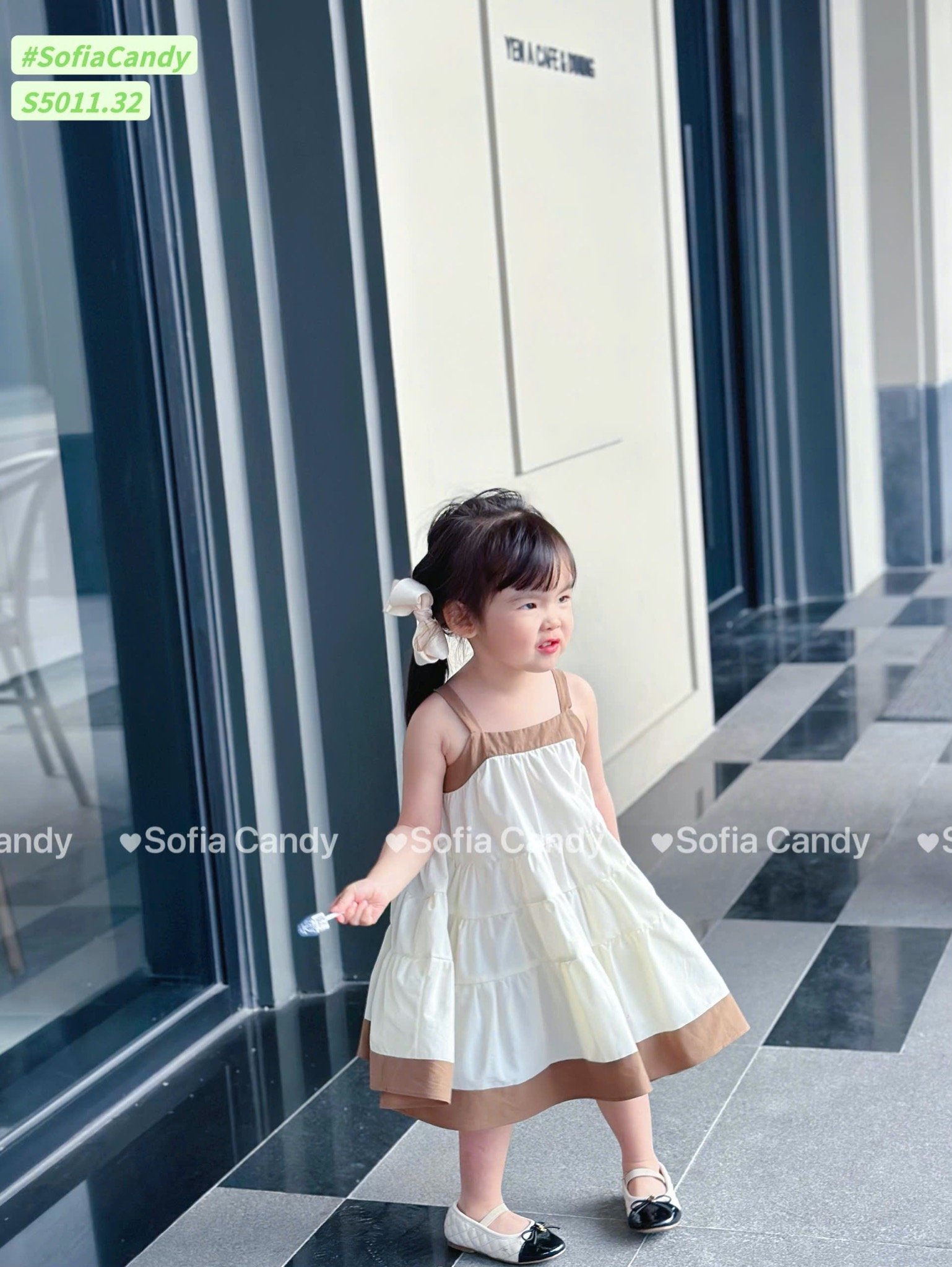 S5011 - Váy Sofia Candy 2 dây tầng xoè phối viền 2 màu nâu/trắng cho bé gái size 1-10y