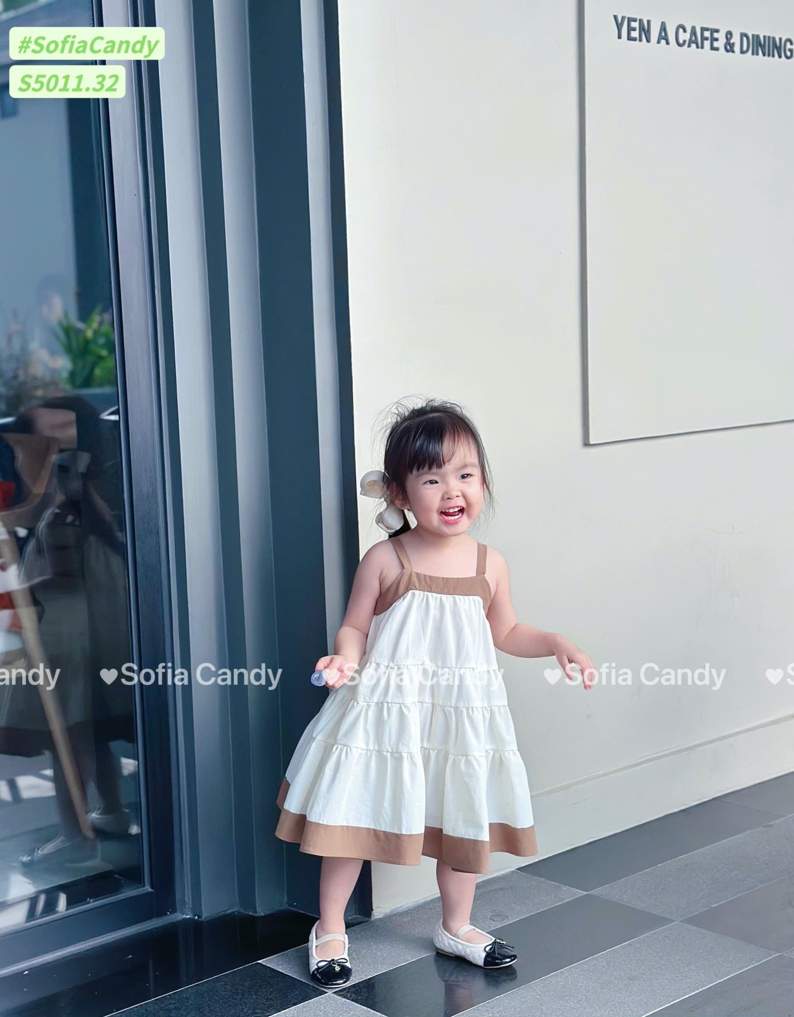 S5011 - Váy Sofia Candy 2 dây tầng xoè phối viền 2 màu nâu/trắng cho bé gái size 1-10y