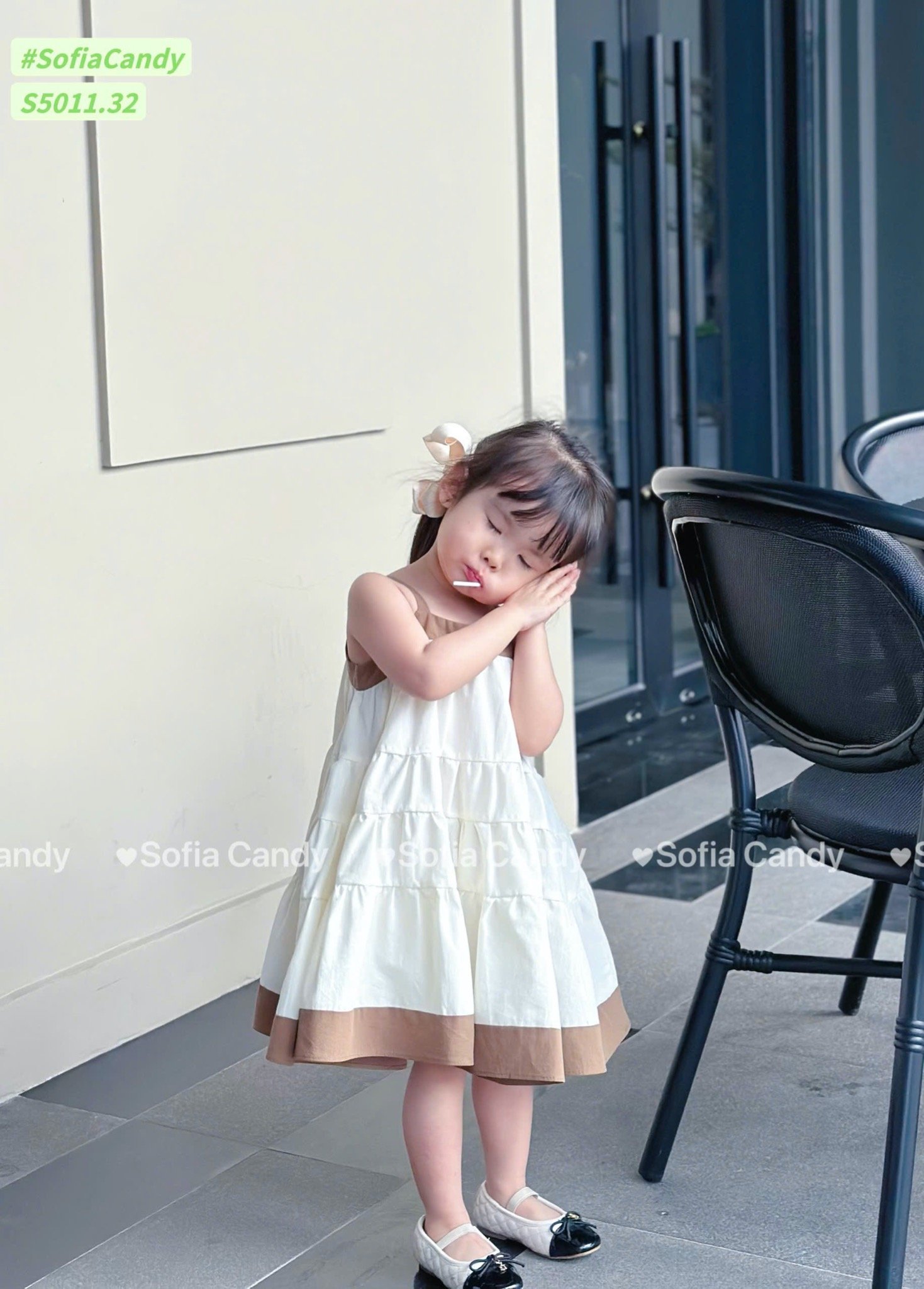 S5011 - Váy Sofia Candy 2 dây tầng xoè phối viền 2 màu nâu/trắng cho bé gái size 1-10y