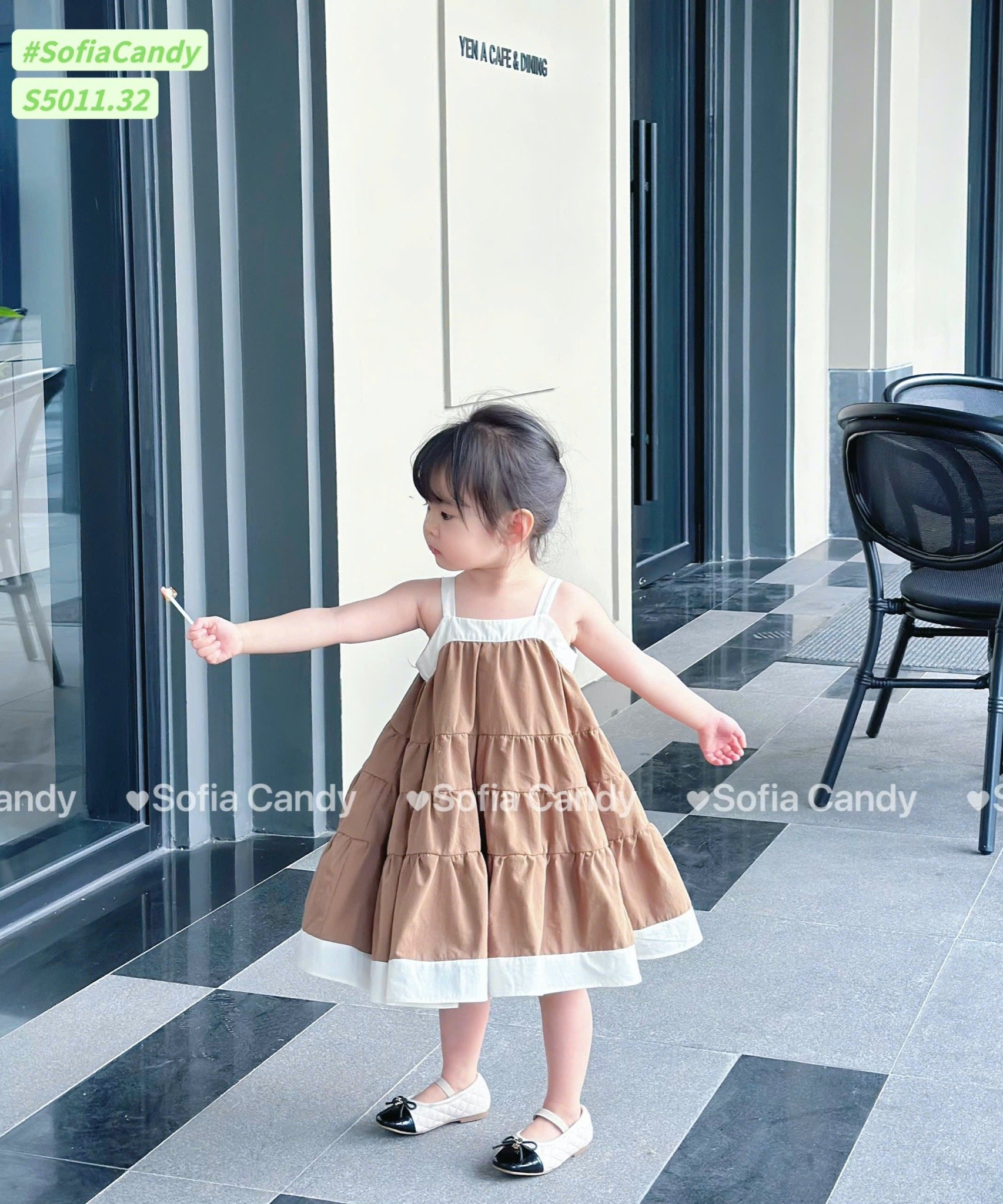 S5011 - Váy Sofia Candy 2 dây tầng xoè phối viền 2 màu nâu/trắng cho bé gái size 1-10y