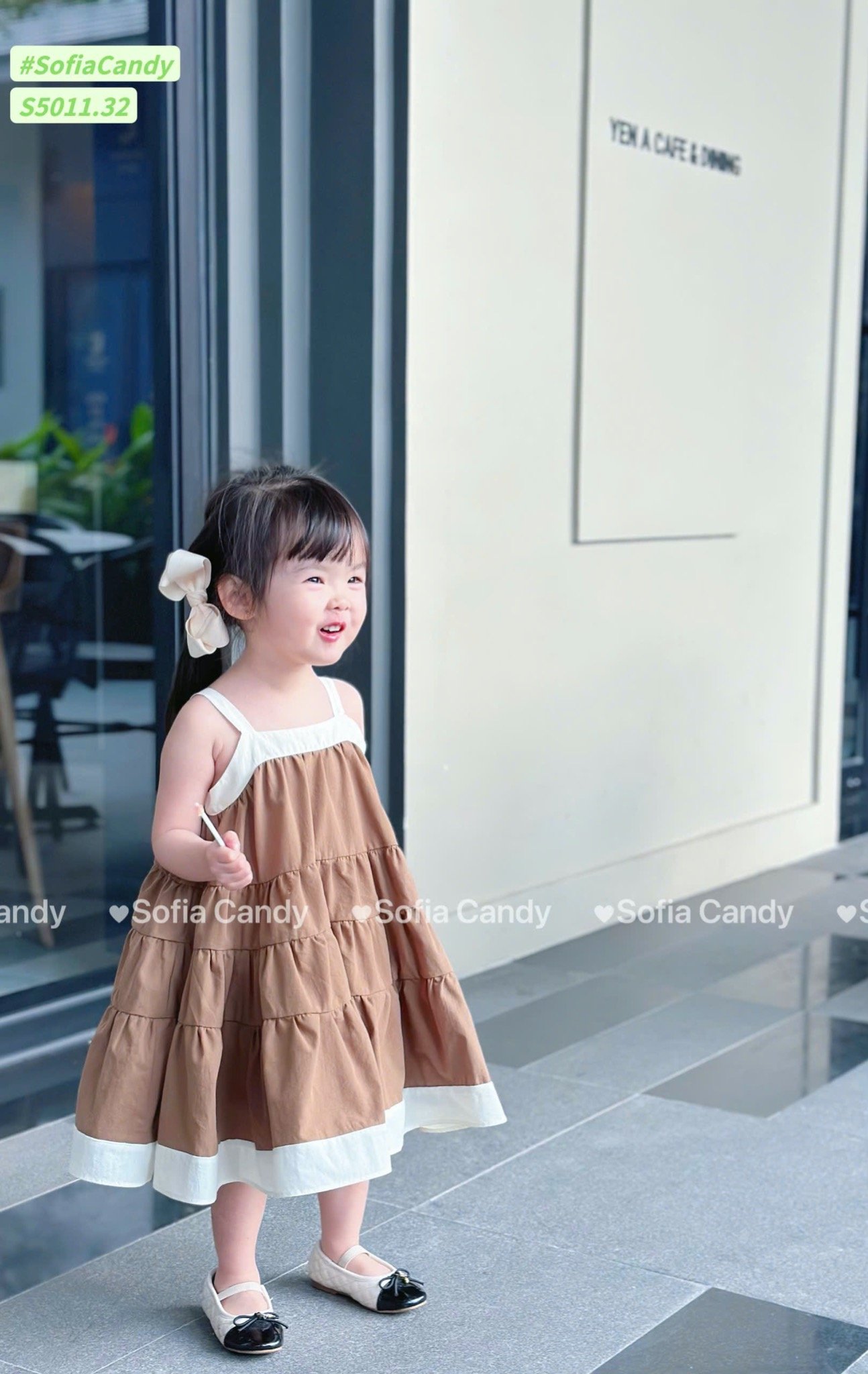 S5011 - Váy Sofia Candy 2 dây tầng xoè phối viền 2 màu nâu/trắng cho bé gái size 1-10y