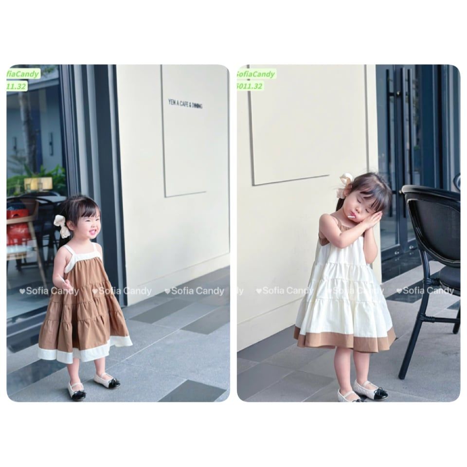 S5011 - Váy Sofia Candy 2 dây tầng xoè phối viền 2 màu nâu/trắng cho bé gái size 1-10y
