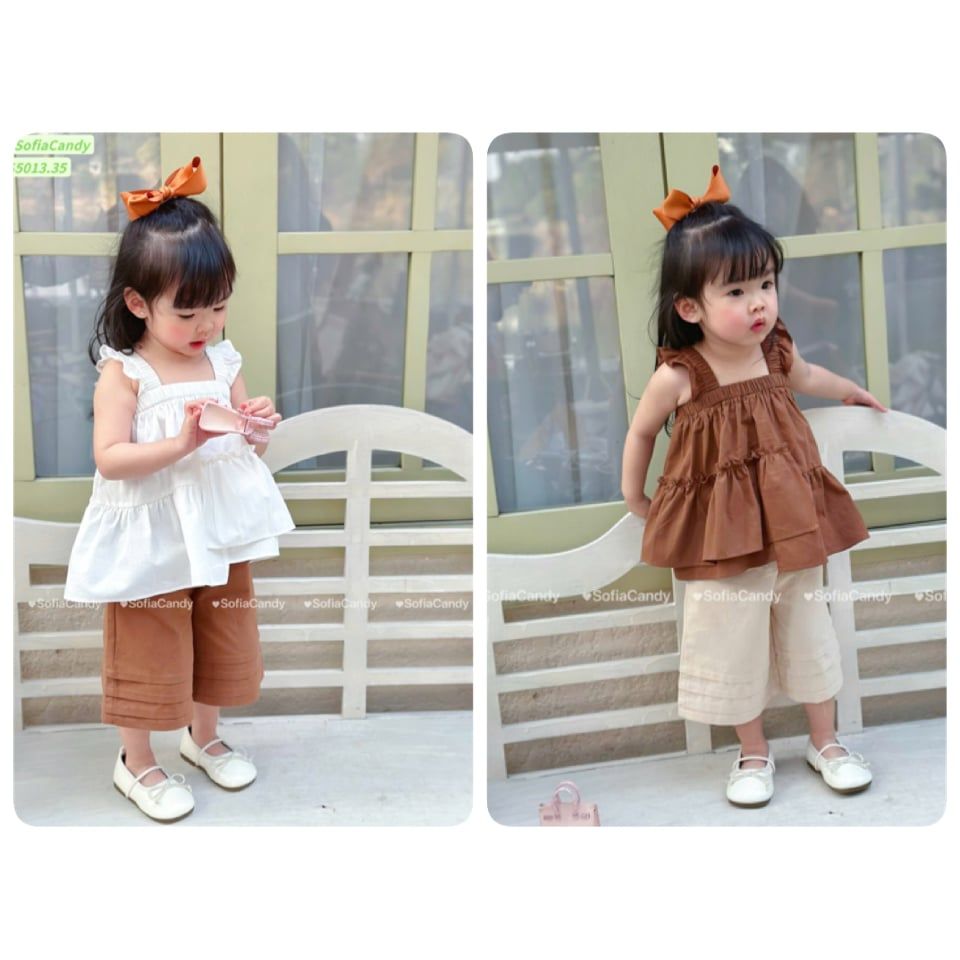 S5013 - Set bộ Sofia Candy áo 2 dây cánh tiên + quần 2 màu nâu/trắng bé gái size 1-10y