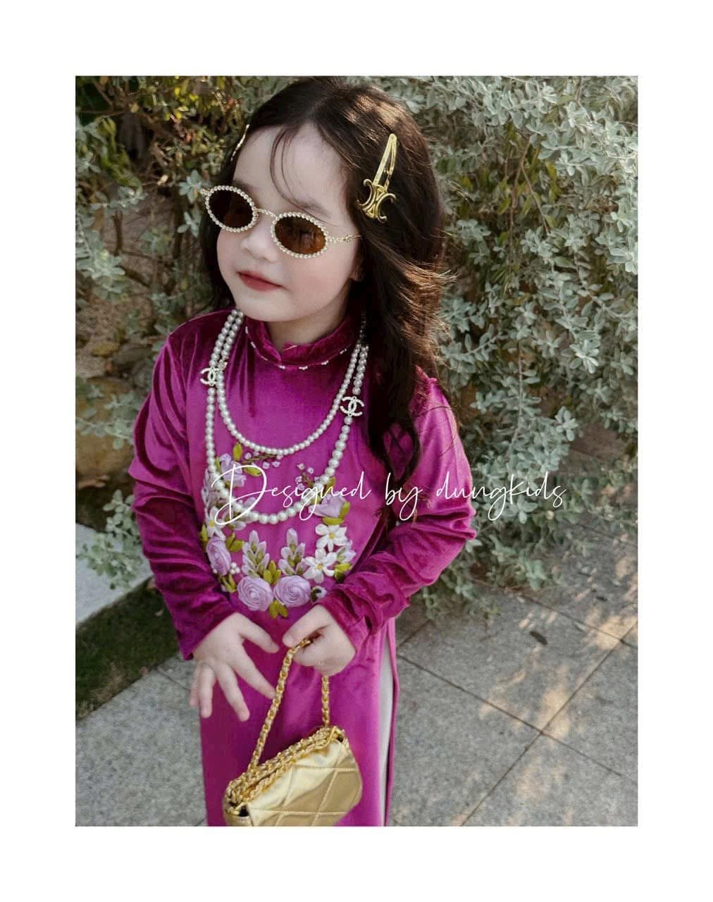 Áo dài Dungkids vải nhung tuyết thêu ruy băng 3 màu cho bé gái size 1-10y