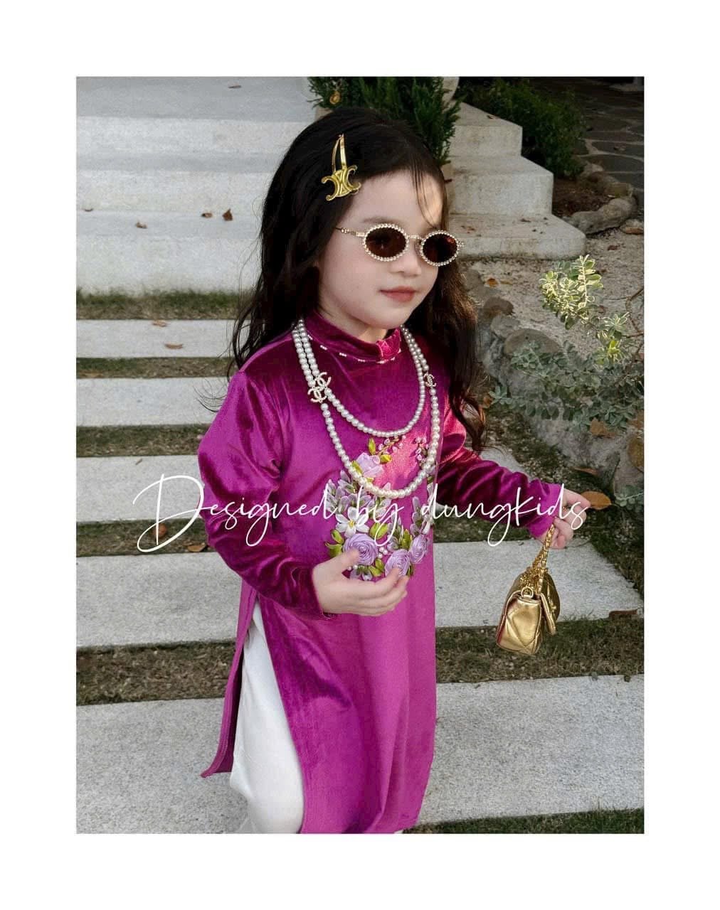 Áo dài Dungkids vải nhung tuyết thêu ruy băng 3 màu cho bé gái size 1-10y