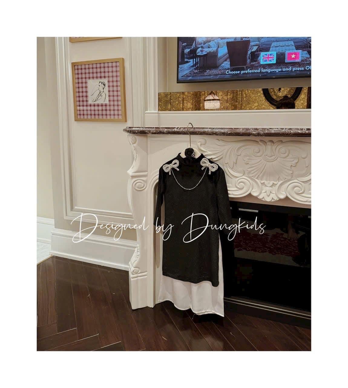 Áo dài Dungkids vải nhung tuyết màu đen đính nơ vai bé gái size 1-10y