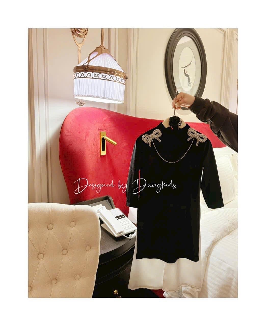 Áo dài Dungkids vải nhung tuyết màu đen đính nơ vai bé gái size 1-10y