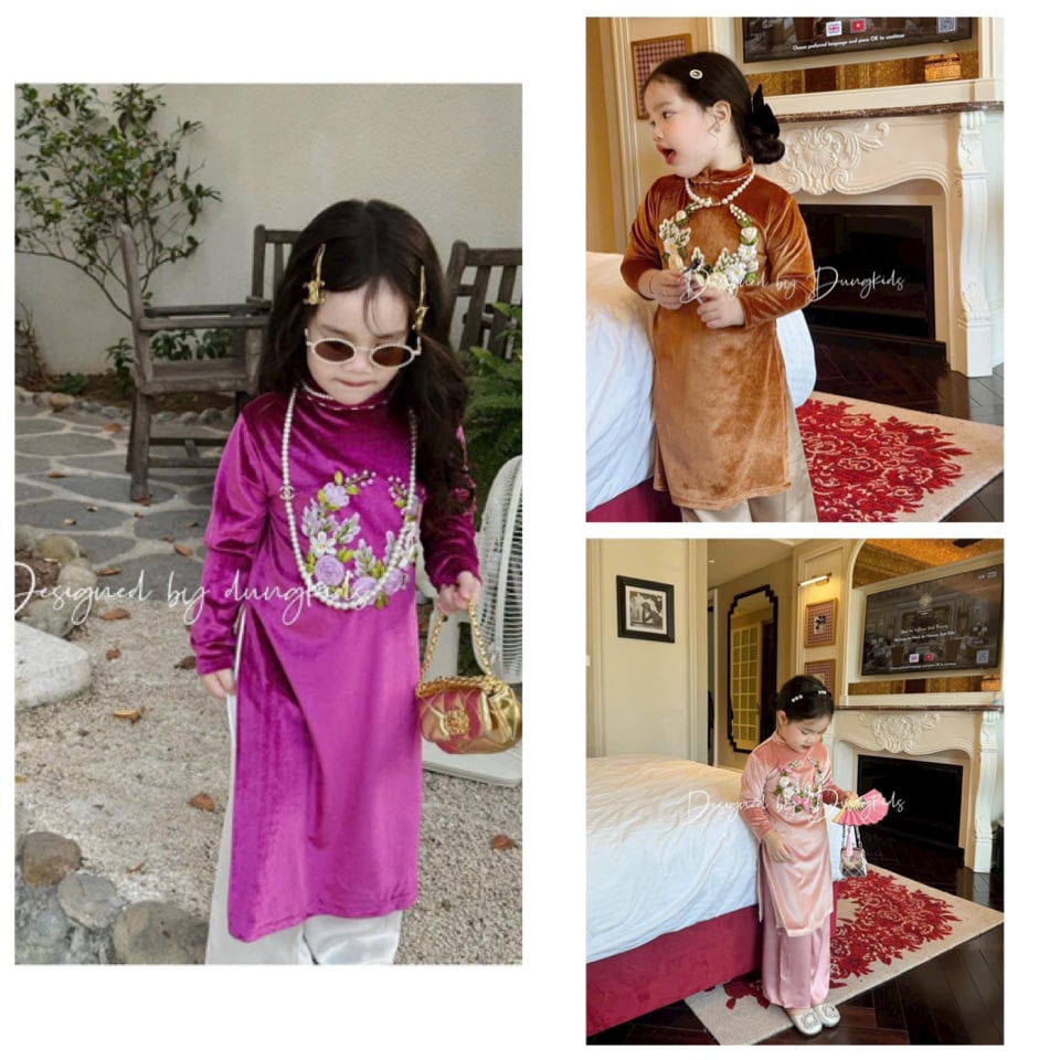 Áo dài Dungkids vải nhung tuyết thêu ruy băng 3 màu cho bé gái size 1-10y