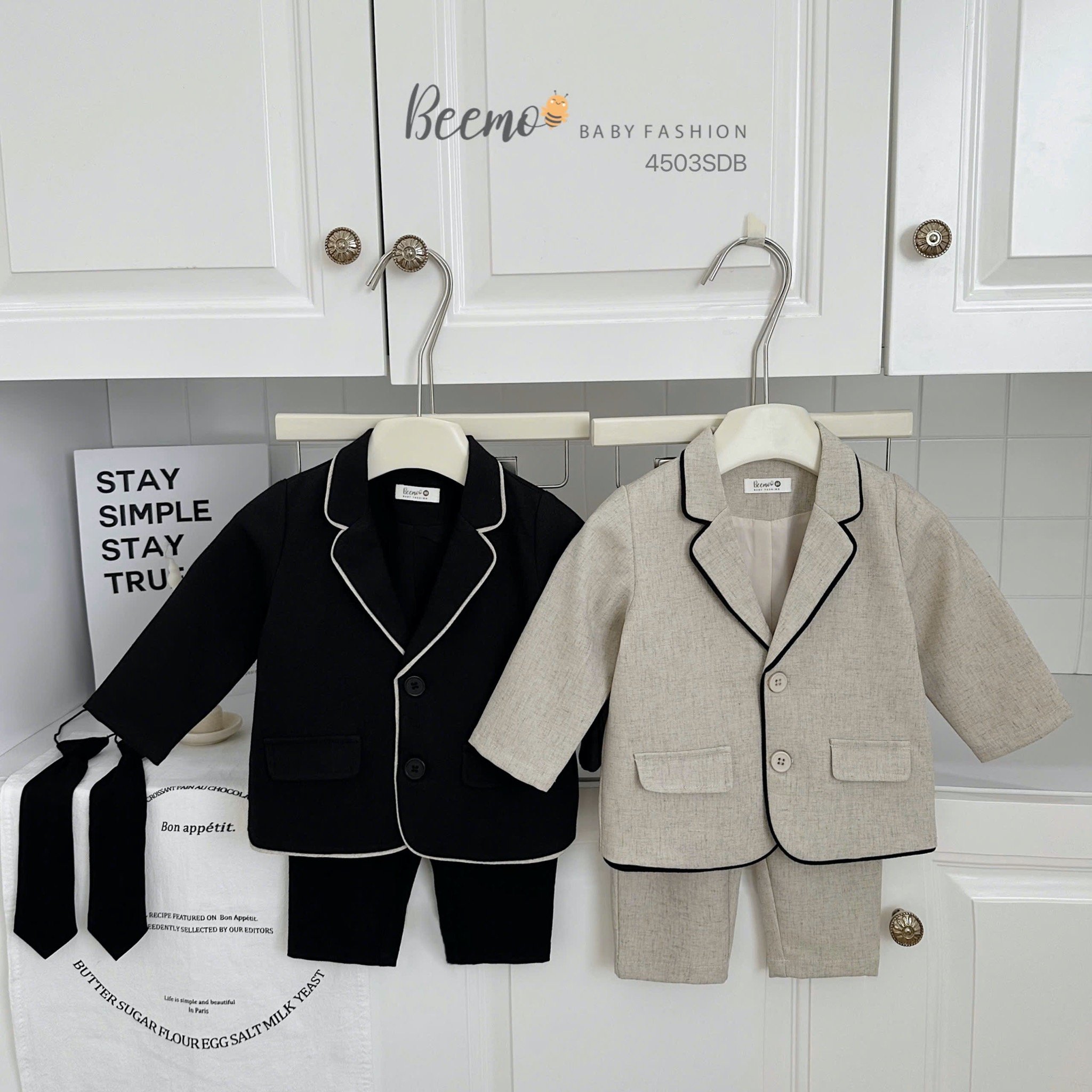 BBT35 - Set vest Beemo 3ct vải chéo Hàn phối viền 2 màu cho bé trai size 80-130