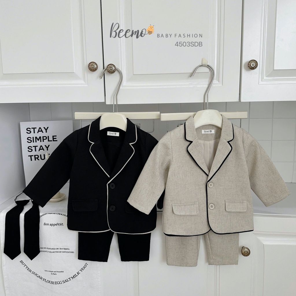 BBT35 - Set vest Beemo 3ct vải chéo Hàn phối viền 2 màu cho bé trai size 80-130