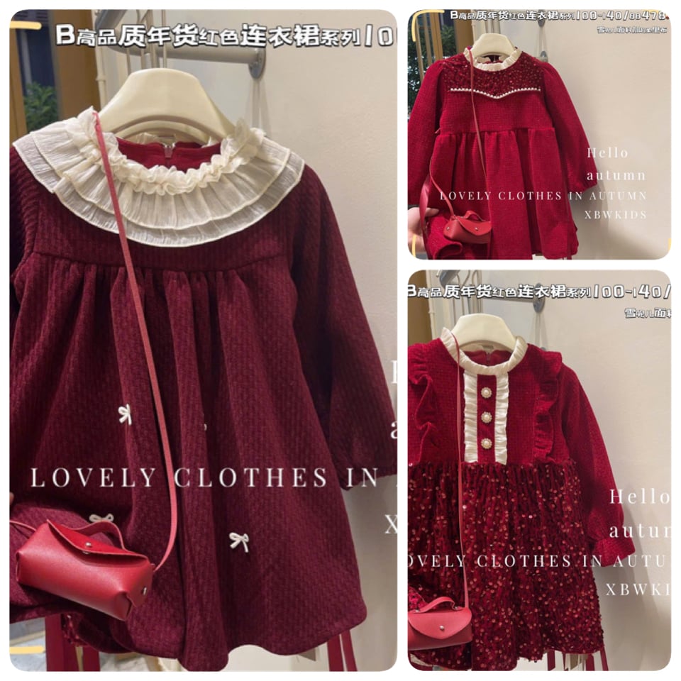 Váy QC kèm túi lót nỉ ấm màu đỏ nhiều kiểu cho bé gái size 100-140