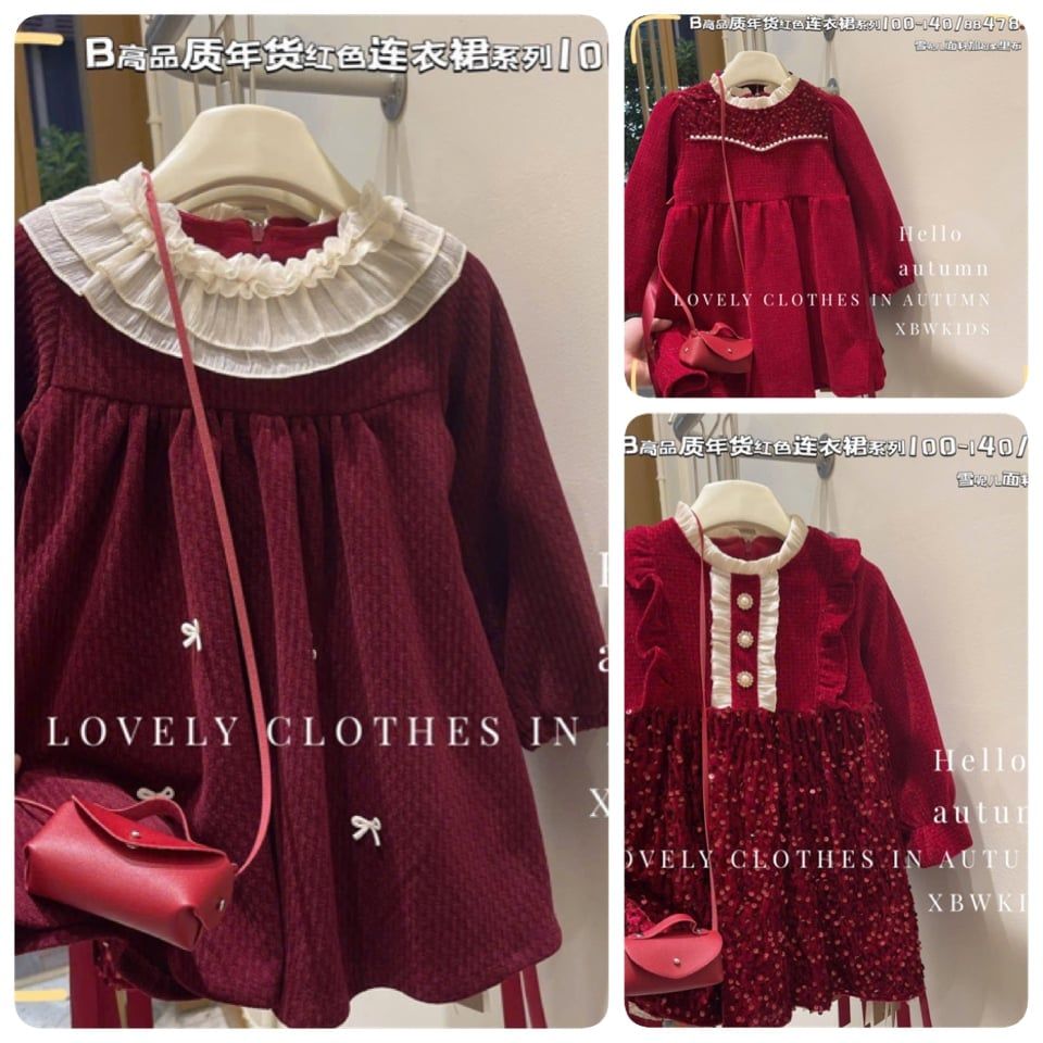 Váy QC kèm túi lót nỉ ấm màu đỏ nhiều kiểu cho bé gái size 100-140