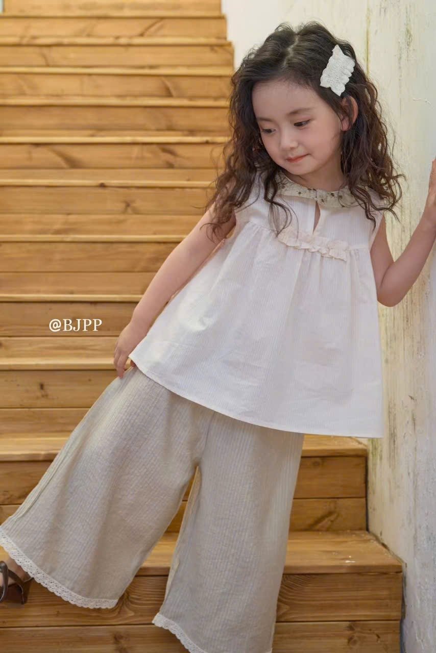 99096 - Quần ống sớ vải thô đũi viền ren 3 màu cho bé gái size 90-130